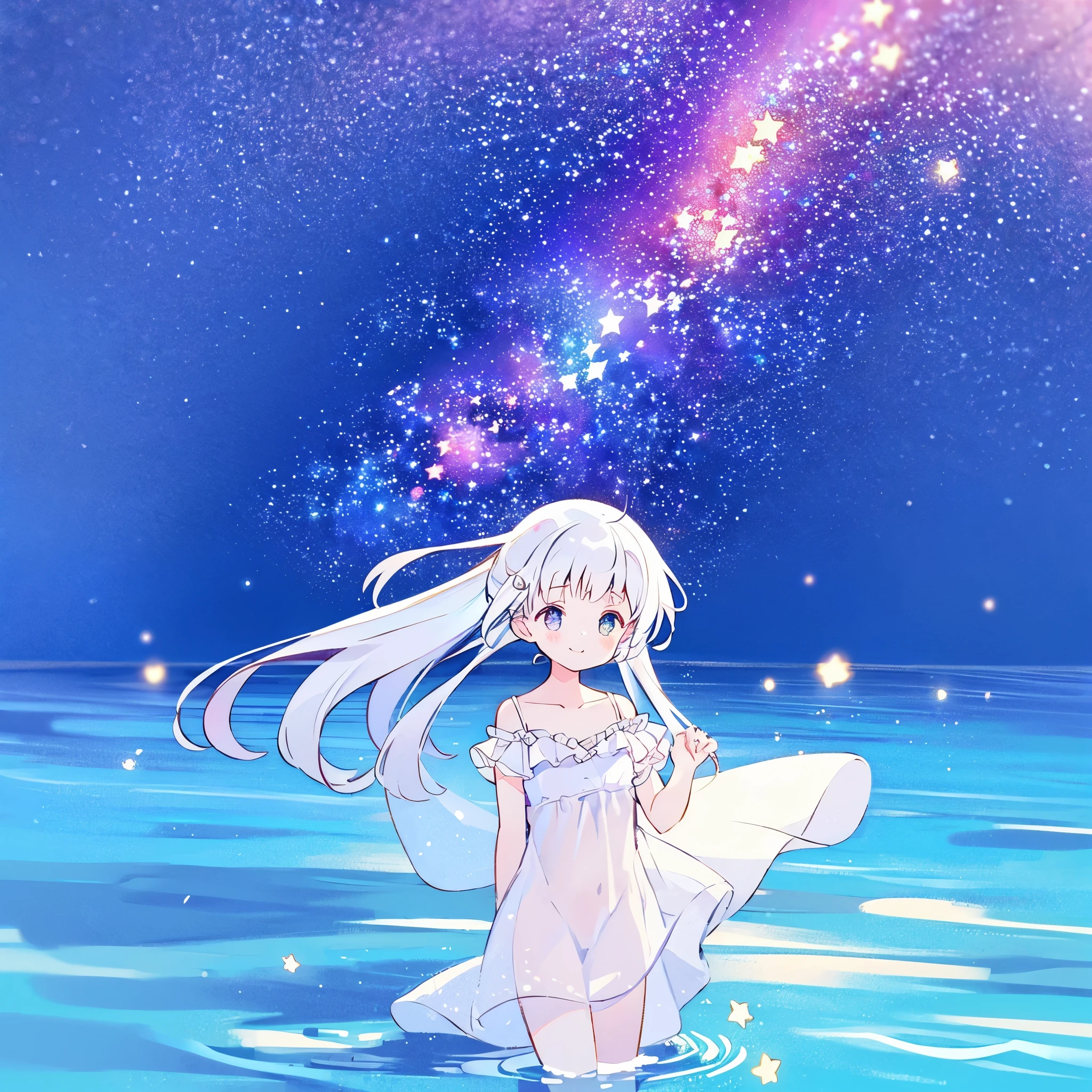 cute style, wishing star background, a nude girl catching a stream of glowing stars in her hands, long flowing blue hair, dreamy, peaceful, serene composition, glowing stars, glowing, complex drawing, highly detailed, ethereal, starry night, midjourney style