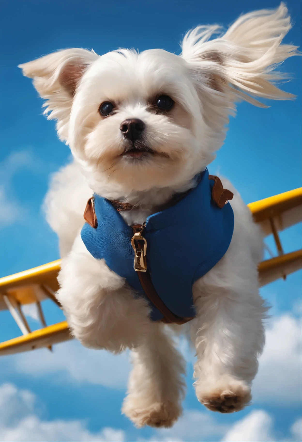 make a plane with a Maltese dog running on the side with a blue sky