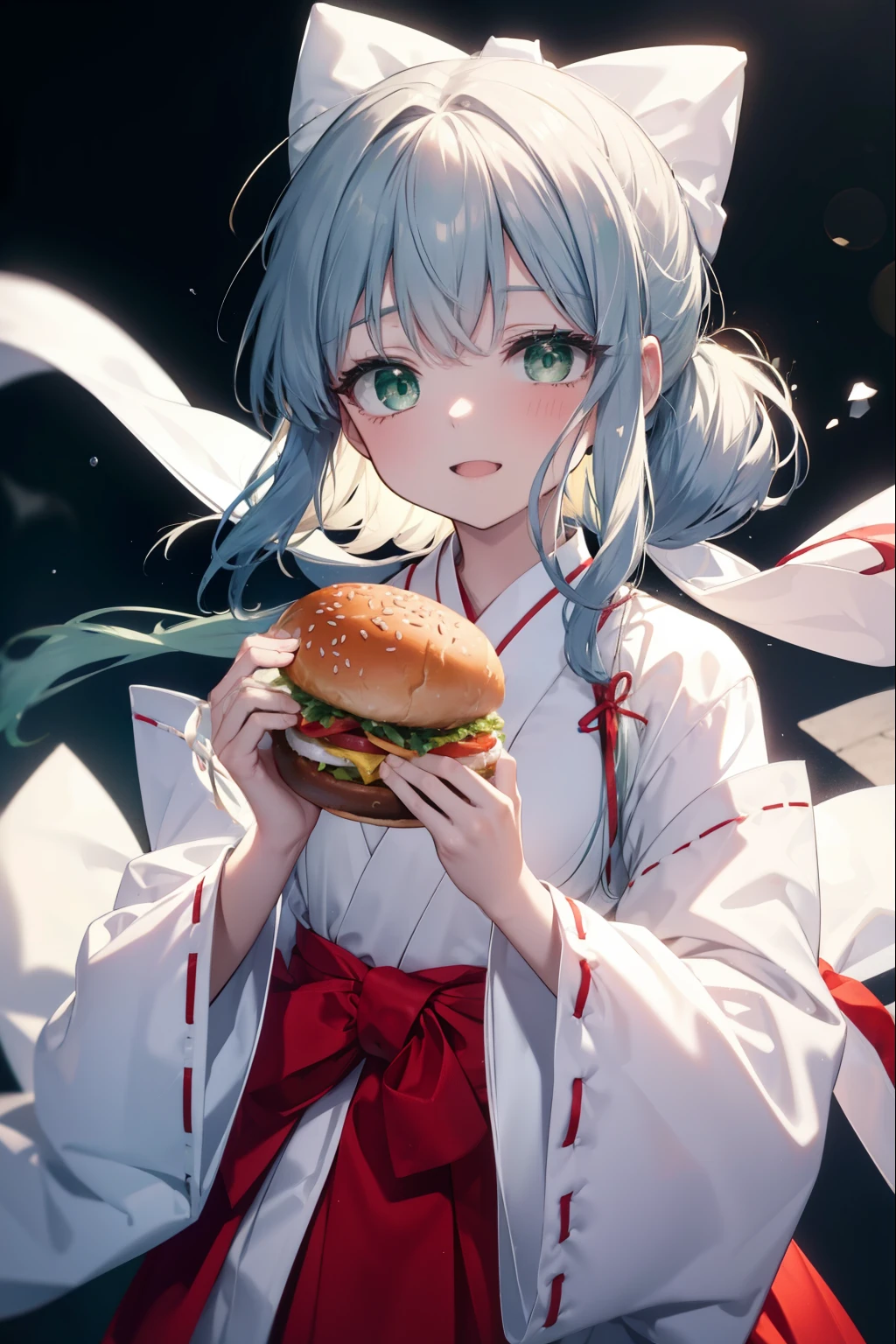 index, index, (green eyes:1.5), silver hair, long hair, (flat chest:1.2),Smile, smile, open your mouth,Platycodon,Miko,white kimono, red hakama,kimono, same as skirt, wide sleeve, long sleeve, ribbon trim sleeves, low ponytail, noon,sunny,background,blue sky,Viewer looks at a tray with a bunch of hamburgers on the table., Are standing, 
break looking at viewer, Upper body, whole body,
break outdoors, hamburger shop,
break (masterpiece:1.2), highest quality, High resolution, unity 8k wallpaper, (figure:0.8), (detailed and beautiful eyes:1.6), highly detailed face, perfect lighting, Very detailed CG, (perfect hands, perfect anatomy),