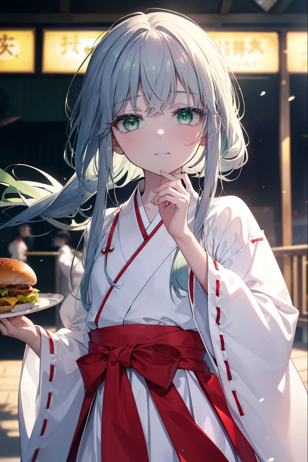 index, index, (green eyes:1.5), silver hair, long hair, (flat chest:1.2),Smile, smile, open your mouth,Platycodon,Miko,white kimono, red hakama,kimono, same as skirt, wide sleeve, long sleeve, ribbon trim sleeves, low ponytail, noon,sunny,background,blue sky,Viewer looks at a tray with a bunch of hamburgers on the table., Are standing, 
break looking at viewer, Upper body, whole body,
break outdoors, hamburger shop,
break (masterpiece:1.2), highest quality, High resolution, unity 8k wallpaper, (figure:0.8), (detailed and beautiful eyes:1.6), highly detailed face, perfect lighting, Very detailed CG, (perfect hands, perfect anatomy),