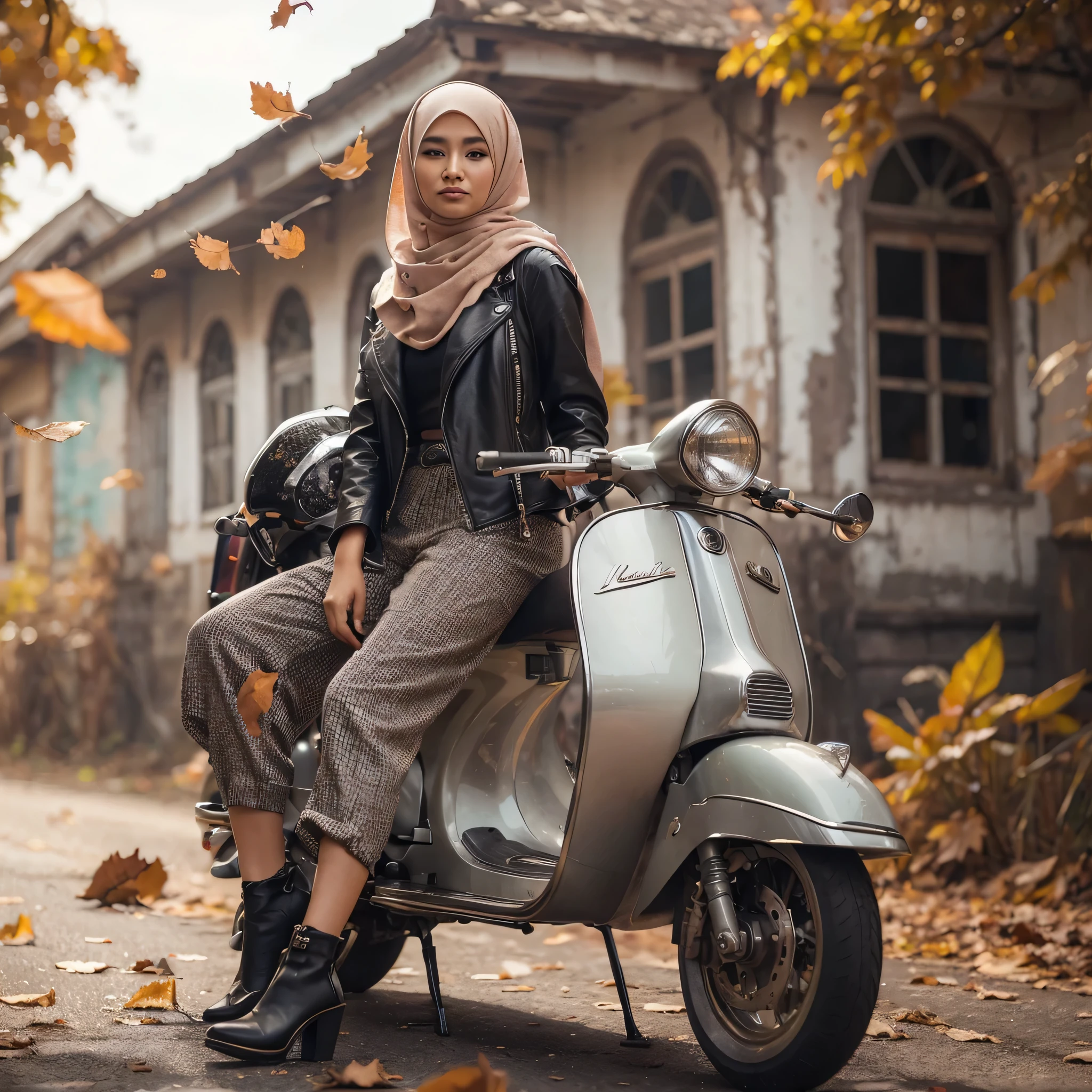 high quality portrait, a beautiful Indonesian woman wearing a hijab, wearing a biker jacket, kodorai pants and high heels, posing on a classic scooter, on the street in front of an old abandoned house, dry leaves flying falling, very detailed, natural lighting, 8K, UHD, best quality , highest resolution, focused, best quality,perfect composition, photography professional