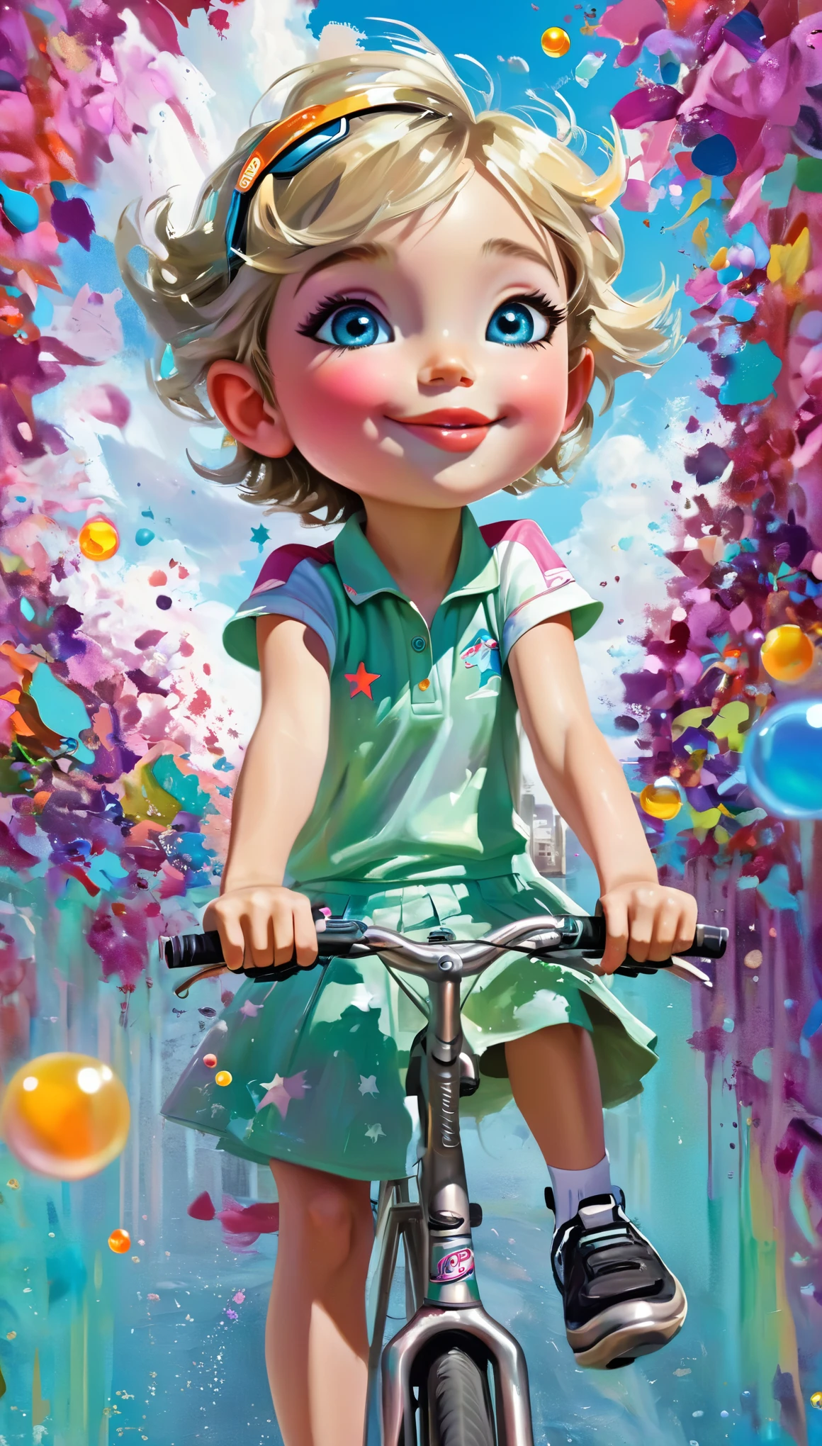 ((masterpiece: 1.5, wide long shot: 1.5)). (young boy on a bicycle, the shot has to be wide long shot: 1.5, sportswear, Generate a delicate and modest fae exploring a (clothes and details with a wide variety of bright color tones, cyan, earth colors, oranges, greens:1.3)).(perfect composition:1.4), all extremely detailed and realistic with youthful features.., A perfect, cheerful, smiling, fun, Her lips are a uniform shade of pink. Includes fun and impressive features. very realistic eyes. His eyes, face and body are important and must be hyper-realistic. Very detailed and beautiful. In high definition and detail, includes many details such as stars, galaxies, colored bubbles, colored petals, bright paint drops, walls with graffiti art, iridescence, and a lot of energy and emotion. ((riding a bike is important! Includes fantasy details:1.6)), improved details, iridescence, colorful and bright wind, and pollen. Pay special attention to his face and make sure it is beautifully detailed and realistic.... camera: This art is dreamlike and ethereal and the camera should emphasize those features.... Create something strikingly beautiful. Use dynamic composition techniques, ((Imaginative scene)),((perfect, meticulously detailed:1.4)), ((full shot: 1.4, dynamic pose:1.3)), ((Best quality)), ((masterpiece) ) , 3d, (Hyper Detailed: 1.3), ((Cityscape: 1.3)), (Photorealistic: 1.4), ((Low Light Night Cinema Lighting: 1.2)).32k.