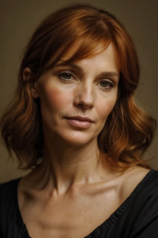 malcolm liepke style oil painting portrait of woman in her 50s years old curly orangeish blondish brown hair that ends just above shoulder. Longish biggish nose slender face. Giraffe like facial features. Not conventionally attractive. Has a teacher like appearance.