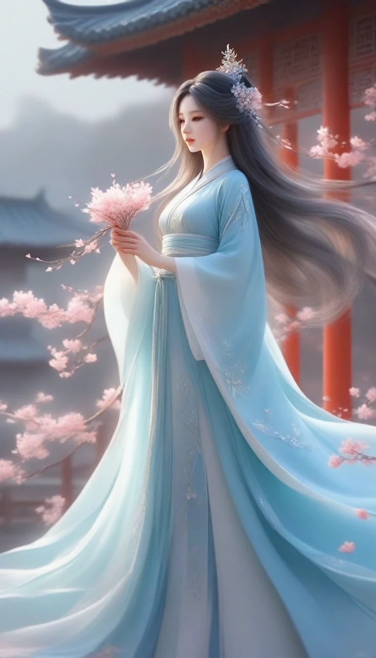 anime girl with long hair and blue dress holding a flower, ethereal beauty, palace ， a girl in hanfu, beautiful character painting, beautiful digital artwork, fantasy art style, a beautiful artwork illustration, a beautiful fantasy empress, chinese fantasy, exquisite digital illustration, ((a beautiful fantasy empress)), ethereal fantasy, xianxia fantasy, beautiful fantasy art, beautiful digital illustration