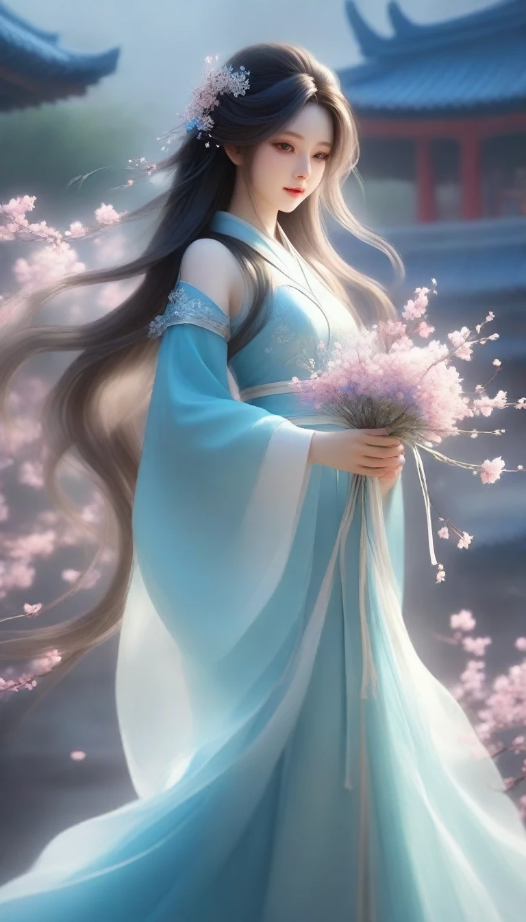anime girl with long hair and blue dress holding a flower, ethereal beauty, palace ， a girl in hanfu, beautiful character painting, beautiful digital artwork, fantasy art style, a beautiful artwork illustration, a beautiful fantasy empress, chinese fantasy, exquisite digital illustration, ((a beautiful fantasy empress)), ethereal fantasy, xianxia fantasy, beautiful fantasy art, beautiful digital illustration