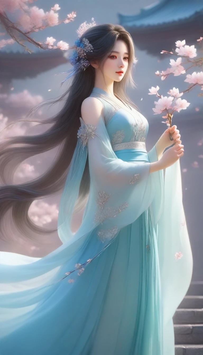 anime girl with long hair and blue dress holding a flower, ethereal beauty, palace ， a girl in hanfu, beautiful character painting, beautiful digital artwork, fantasy art style, a beautiful artwork illustration, a beautiful fantasy empress, chinese fantasy, exquisite digital illustration, ((a beautiful fantasy empress)), ethereal fantasy, xianxia fantasy, beautiful fantasy art, beautiful digital illustration
