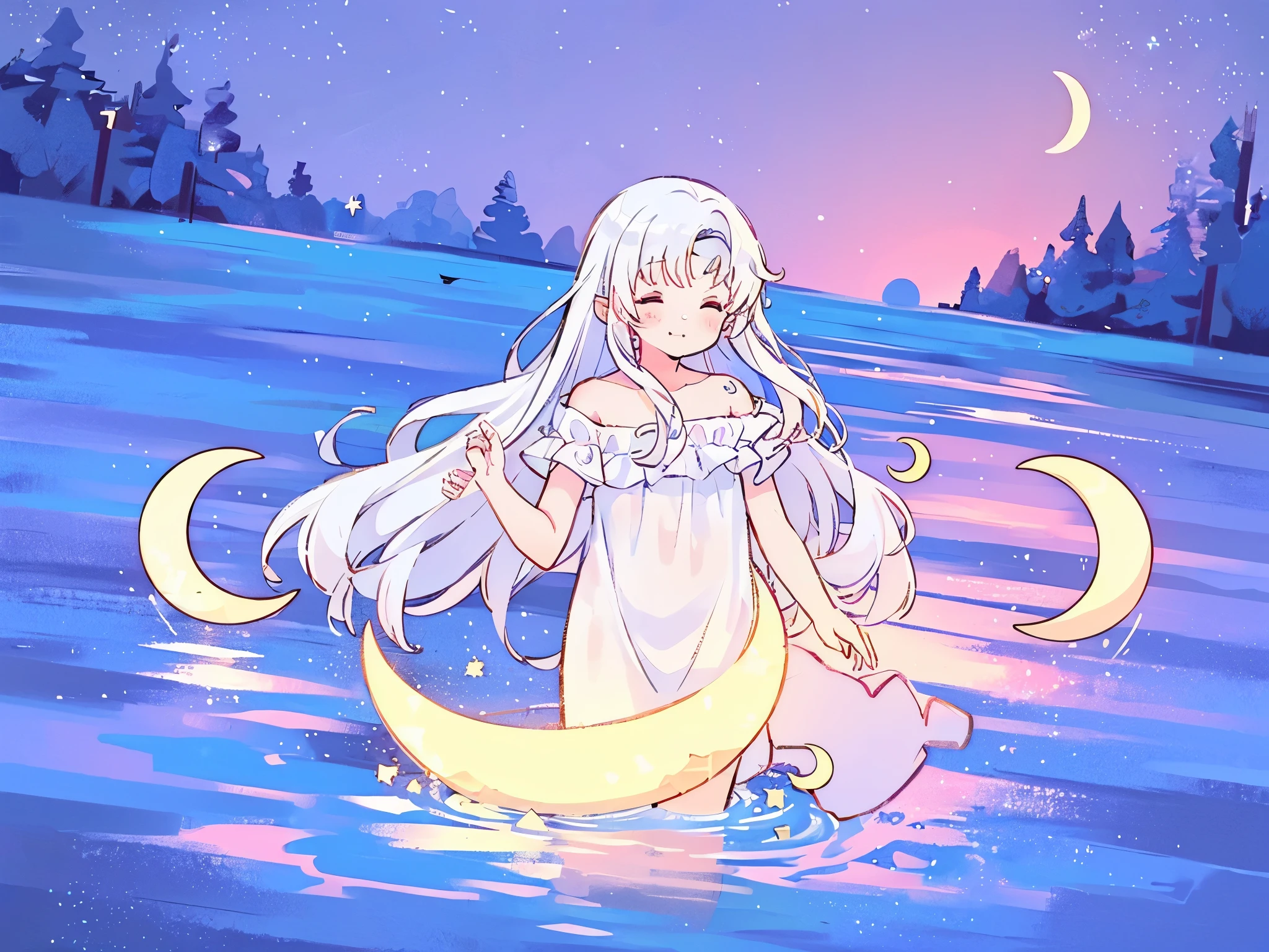 an ocean of stars, night sky, colorful, ethereal, charming girl in a white sheer doll dress, white hair, walking on the water, Her smile was filled with tenderness and joy, a giant crescent golden moon sitting on the water in the background, (((((((stars)))))), cosmic ocean, falling stars, shooting stars, (((((crescent moon))))))