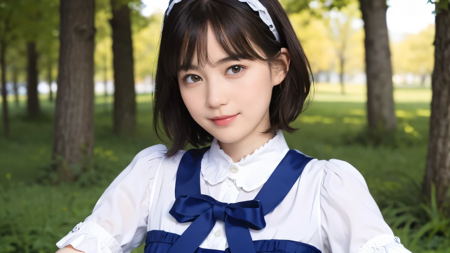 1 (alice in wonderland), (He wears a large triangular ribbon on his head....), short hair, young woman, gentle smile, colorful clothes