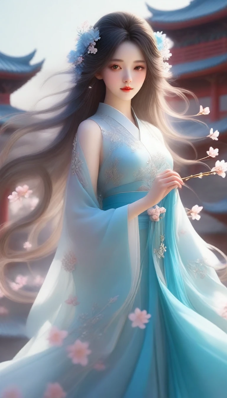 anime girl with long hair and blue dress holding a flower, ethereal beauty, palace , a girl in hanfu, beautiful character painting, beautiful digital artwork, fantasy art style, a beautiful artwork illustration, a beautiful fantasy empress, chinese fantasy, exquisite digital illustration, ((a beautiful fantasy empress)), ethereal fantasy, xianxia fantasy, beautiful fantasy art, beautiful digital illustration