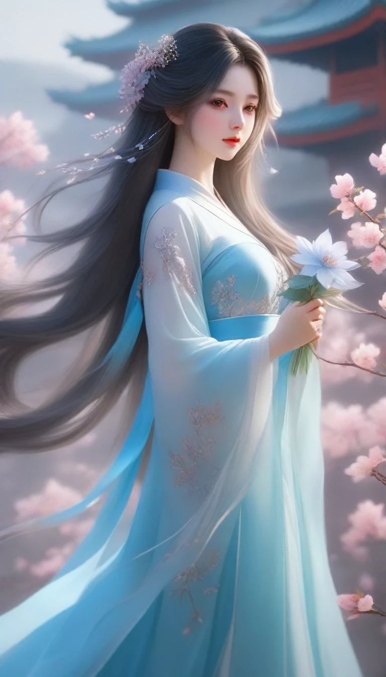 anime girl with long hair and blue dress holding a flower, ethereal beauty, palace ， a girl in hanfu, beautiful character painting, beautiful digital artwork, fantasy art style, a beautiful artwork illustration, a beautiful fantasy empress, chinese fantasy, exquisite digital illustration, ((a beautiful fantasy empress)), ethereal fantasy, xianxia fantasy, beautiful fantasy art, beautiful digital illustration