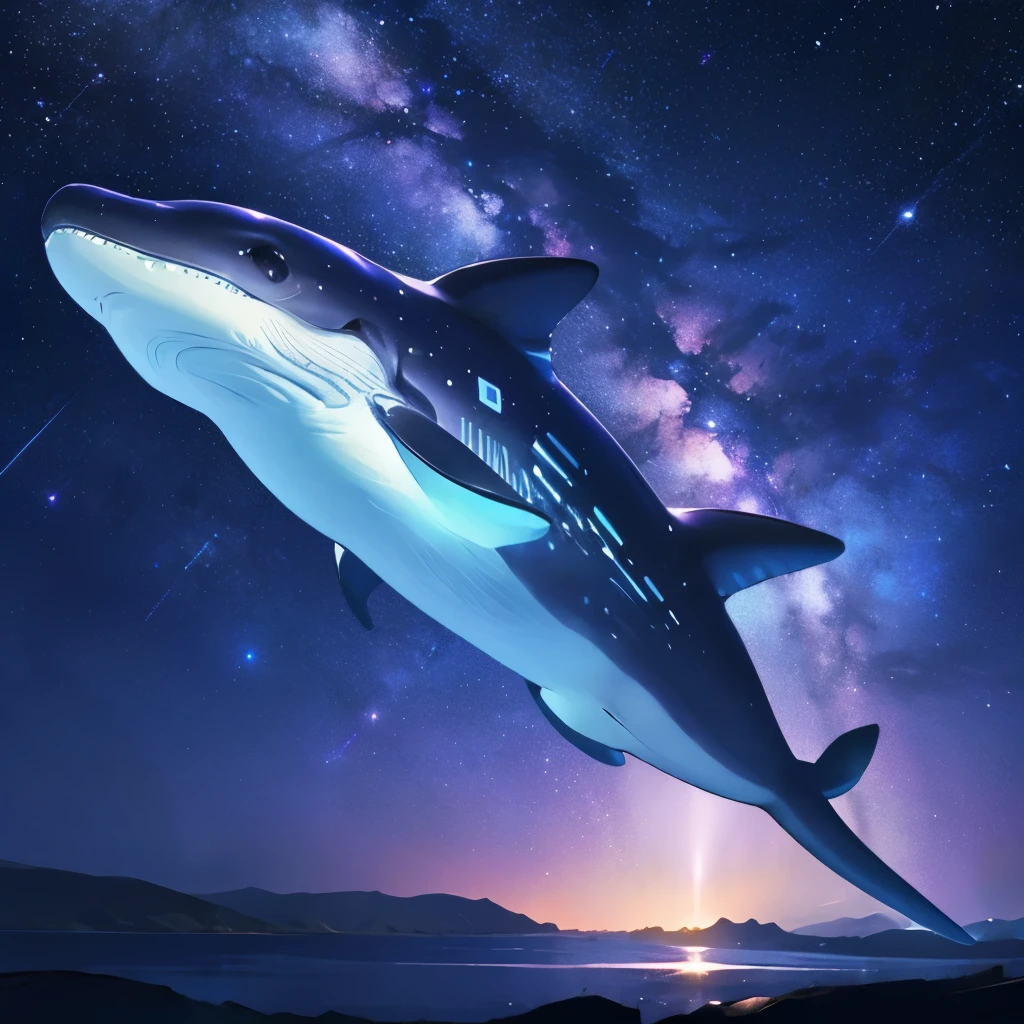 starry sky background,Lilac background,Transparent whale in flight,light blue whale,Brilliant light and shadow,Excellent light