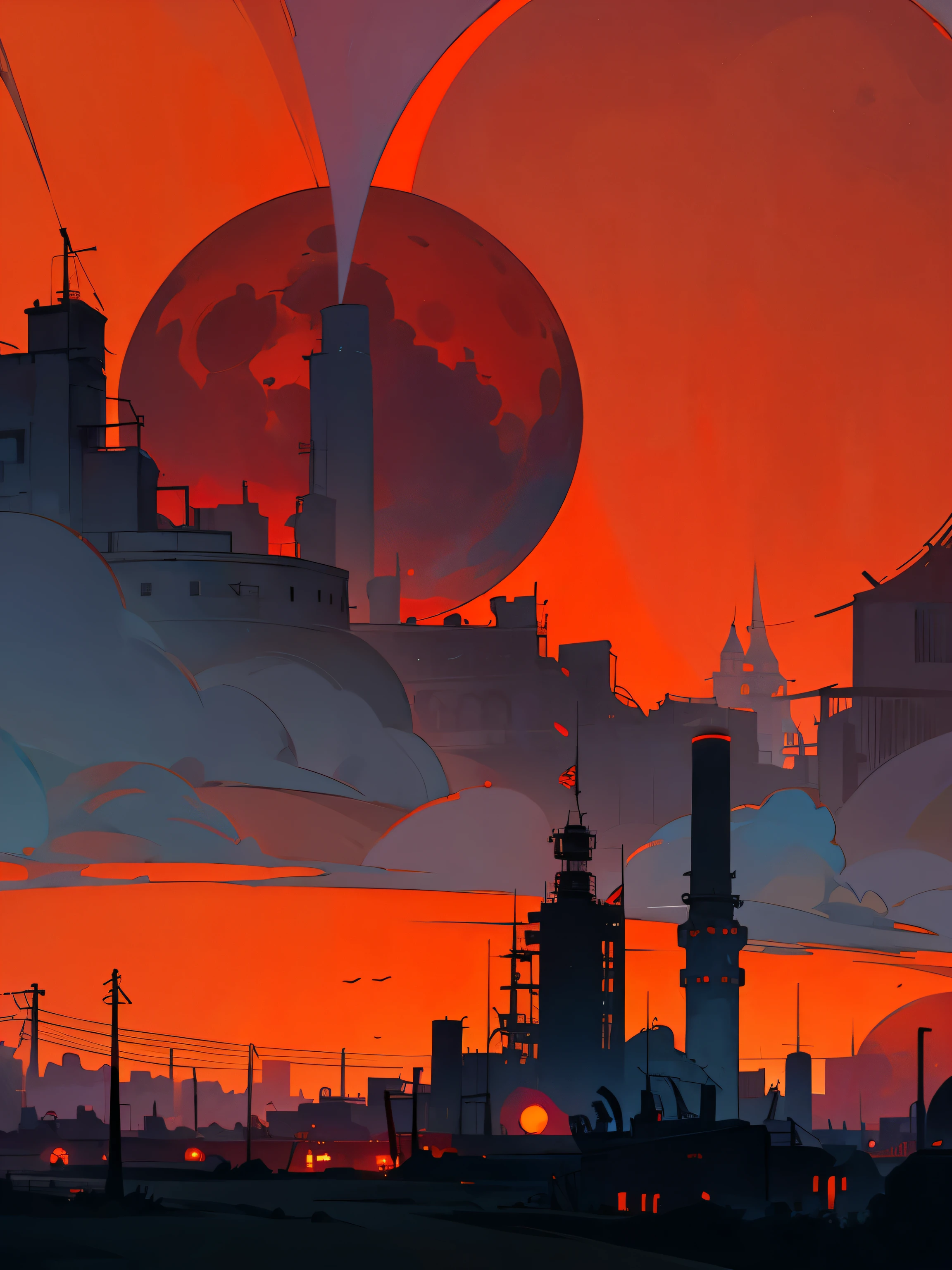 El cielo se puso rojo.Se ve una gran luna roja..Under the moon lies a modern ruined city in the shape of a circle with high walls..,zanjas,towers and cannons.Flocks of monsters come in hordes from the wasteland.