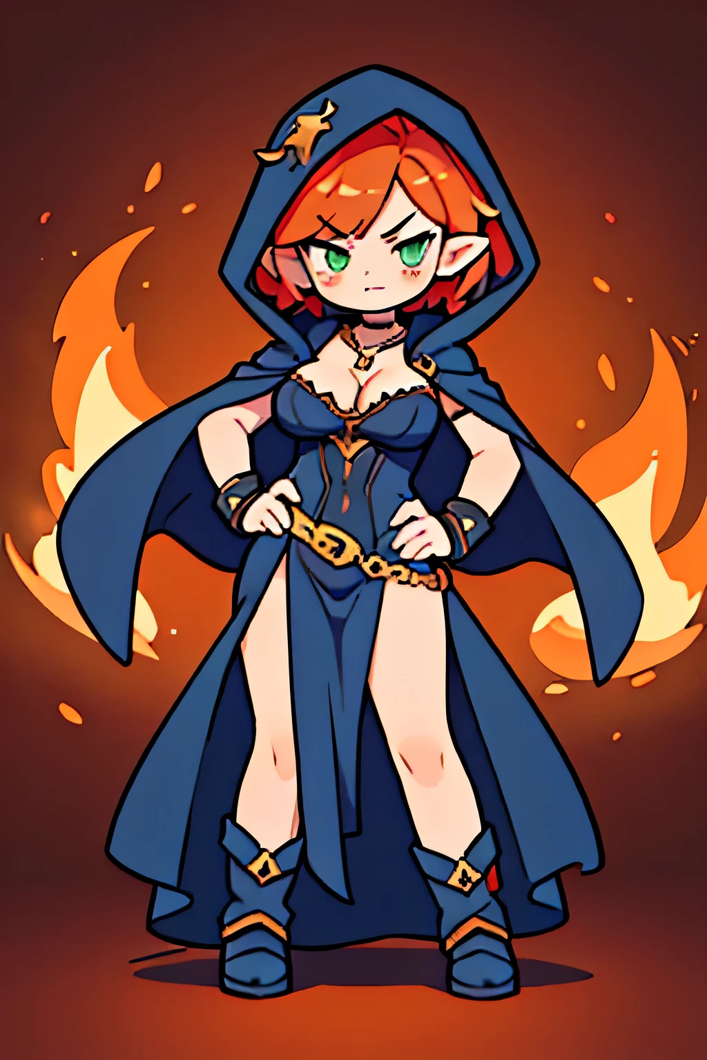 (((masterpiece))), (((best quality))), illustration, single character, game character, rpg character, female character, female necromancer, dark blue dress with golden details, leather bracers. huge cleavage, gemmed necklace. side butt. wide hips. up turned hips. Side hips exposed. wavy short hair. orange short hair, slightly pointy ears, yellowgreen eyes, evil face. attittude woman. open hooded black cloak. copper colored hair. aggressive posing. spell casting. dungeon background, flat color background, anime character, 8k, awesome quality