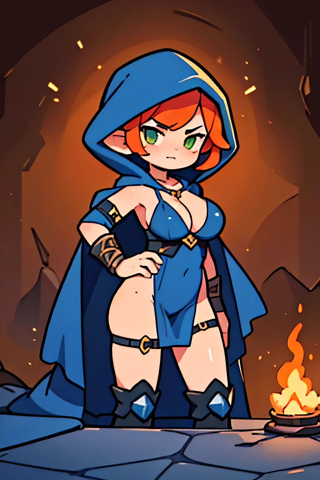 (((masterpiece))), (((best quality))), illustration, single character, game character, rpg character, female character, female necromancer, dark blue dress with golden details, leather bracers. huge cleavage, gemmed necklace. side butt. wide hips. up turned hips. Side hips exposed. wavy short hair. orange short hair, slightly pointy ears, yellowgreen eyes, evil face. attittude woman. open hooded black cloak. copper colored hair. aggressive posing. spell casting. dungeon background, flat color background, anime character, 8k, awesome quality