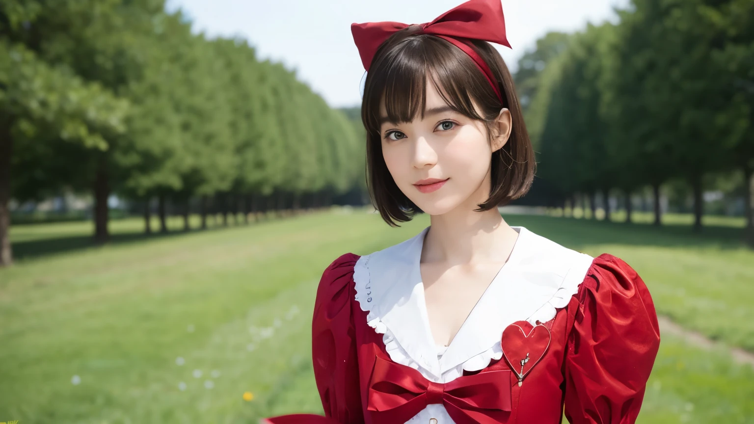 1 (alice in wonderland), (He wears a large triangular ribbon on his head....), short hair, young woman, gentle smile, colorful clothes
