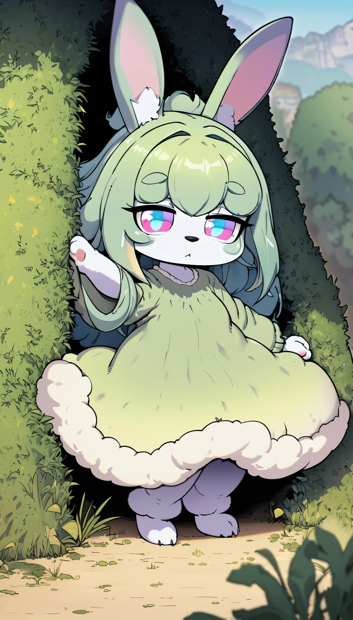 funny furry images, super deformed character, best quality, super fine, 16k, incredibly absurdres, extremely detailed, cute anthropomorphized rabbit beast-woman, wearing loose and fluffy dress, loose and fluffy sweater, loose and fluffy long skirt, dull ivory and khaki color, hiding in the bushes of the grassland, peeking out, BREAK , background variety of visual styles that combine various artistic elements like a sparkling iridescent pastel and vivid colors
