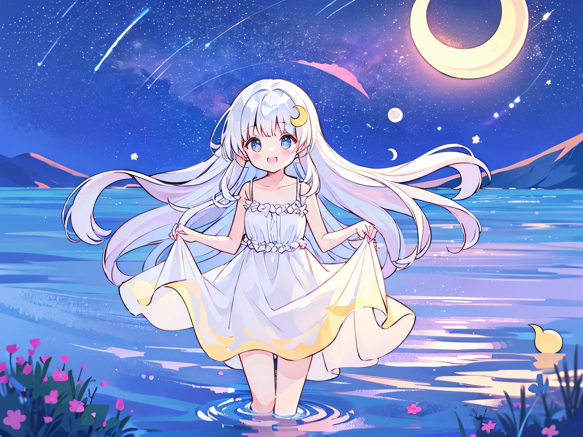 an ocean of stars, night sky, colorful, ethereal, charming girl in a white sheer babydoll dress, white hair, walking on the water, Her smile was filled with tenderness and joy, a giant crescent golden moon sitting on the water in the background, (((((((stars)))))), cosmic ocean, falling stars, shooting stars, (((((crescent moon))))))