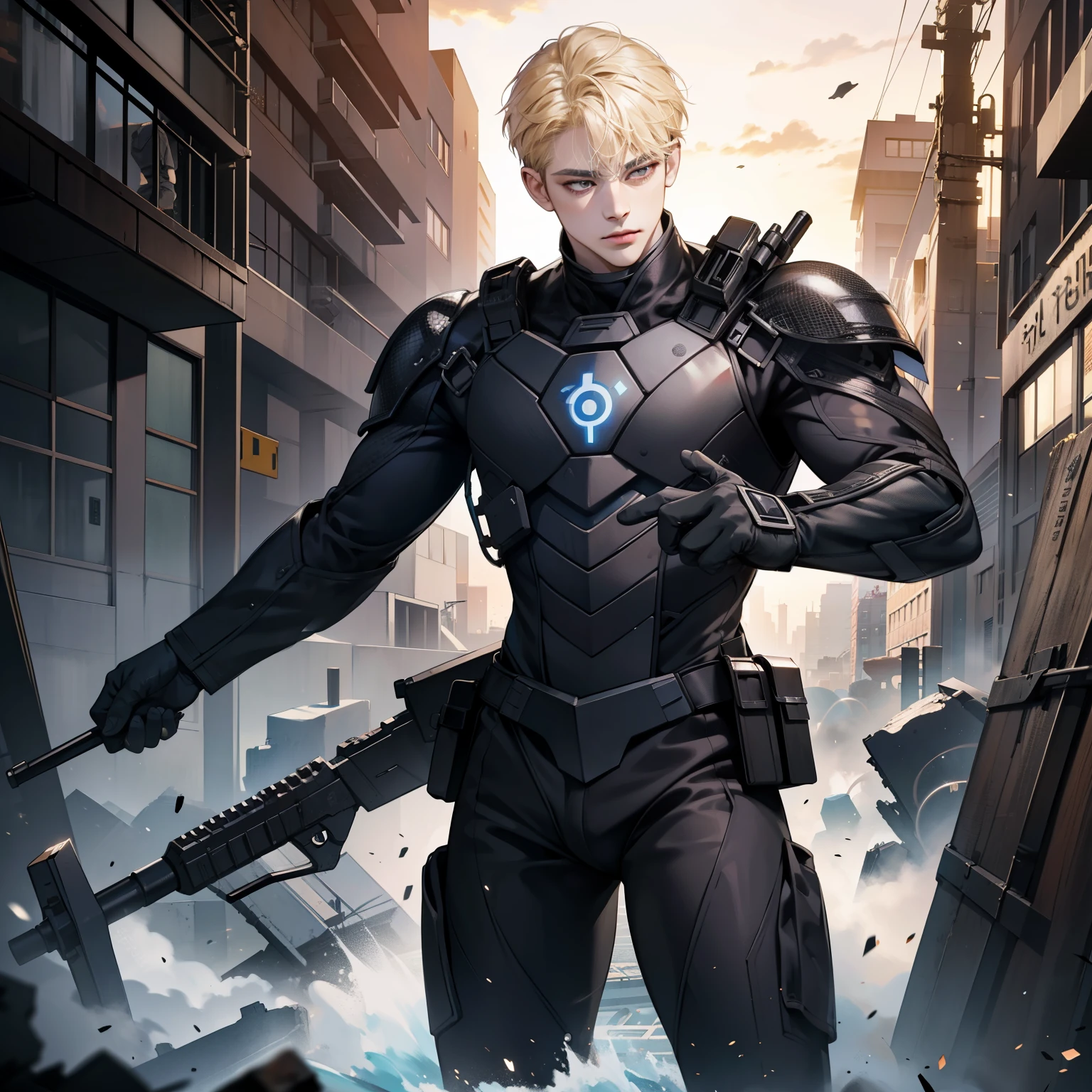 Masterpiece, high quality, best quality, 3D HD, realistic, perfect lighting, detailed body, korean blonde hair, 1 Man, black swat suit, Destroyed city background