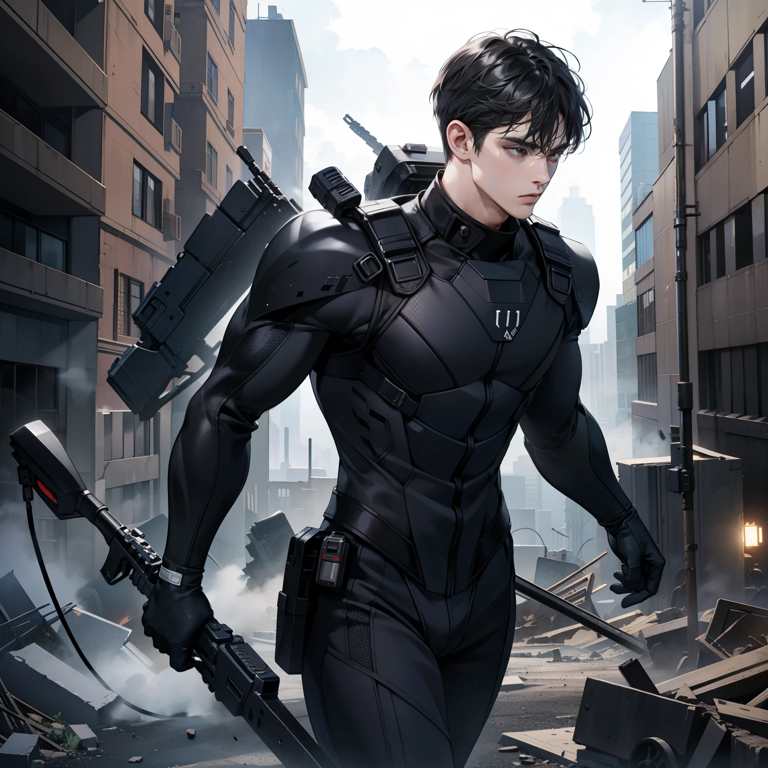 Masterpiece, high quality, best quality, 3D HD, realistic, perfect lighting, detailed body, cool hair, 1 Man, black swat suit, Destroyed city background