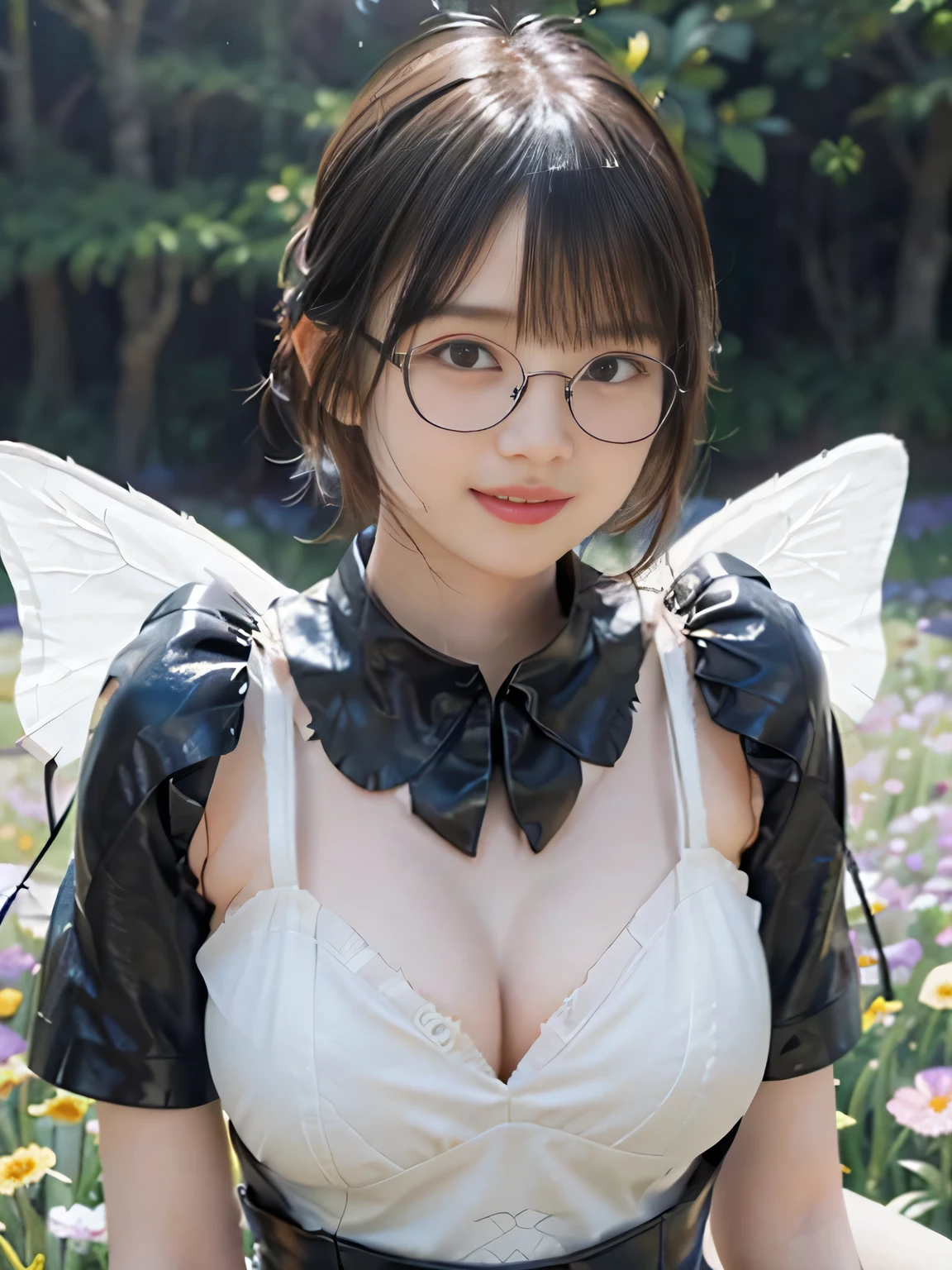 muste piece, best quality, (highest quality、8K、masterpiece:1.3)、ultra high resolution、Physically based rendering、(photorealistic:1.37)、beautiful woman with perfect body:1.4、slim abdomen:1.2、Highly detailed face and skin texture、 red cheeks、white skin、thin waist,thin legs、highest quality,very beautiful 12 year old girl, (cute:1.2),perfect shiny skin,((Precise hands without any discomfort)), brown hair,(short bob hair),(((full nude)))、(((upper body nude)))、(((lower body nude)))、(((stand in a flower field)))、big smile、((big butterfly wings))、(Underbust visible)、(I can see pubic hair)、((black rimmed glasses))、(((black leather long boots)))