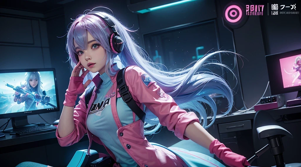 A girl with pink blue hair, wearing a colorful outfit and cosplay costume, stands in a dynamic pose. She has a playful expression on her face as she enjoys playing video games. The girl is a gamer, immersed in her virtual world, holding a console controller in one hand and a keyboard in the other. She wears headphones, symbolizing her dedication to gaming. The scene is set in a brightly lit studio with soft lighting, enhancing the vivid colors of the girl’s outfit. The composition is creative and cartoonish, with a background scenery featuring artistic interpretation of video game elements. Glowing digital effects surround the girl, adding to the energetic and action-packed atmosphere. Electric blue accents are scattered throughout the image, giving it a mysterious and futuristic feel. Overall, the prompt aims to capture the fun, enthusiasm, and creativity associated with gaming, while showcasing the girl's passion and love for video games in an anime-style artwork.
Gamer girl pink blue hair sexy outfit