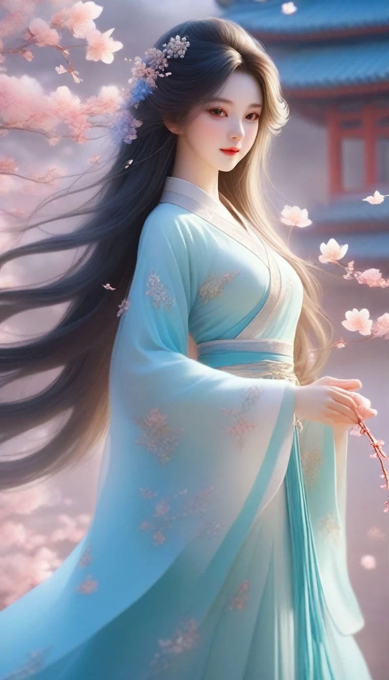 anime girl with long hair and blue dress holding a flower, ethereal beauty, palace ， a girl in hanfu, beautiful character painting, beautiful digital artwork, fantasy art style, a beautiful artwork illustration, a beautiful fantasy empress, chinese fantasy, exquisite digital illustration, ((a beautiful fantasy empress)), ethereal fantasy, xianxia fantasy, beautiful fantasy art, beautiful digital illustration