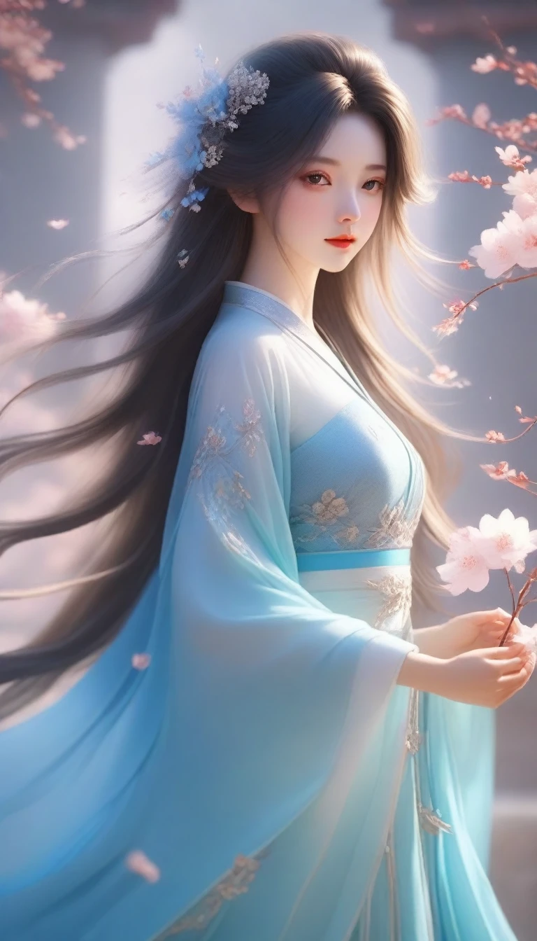 anime girl with long hair and blue dress holding a flower, ethereal beauty, palace , a girl in hanfu, beautiful character painting, beautiful digital artwork, fantasy art style, a beautiful artwork illustration, a beautiful fantasy empress, chinese fantasy, exquisite digital illustration, ((a beautiful fantasy empress)), ethereal fantasy, xianxia fantasy, beautiful fantasy art, beautiful digital illustration