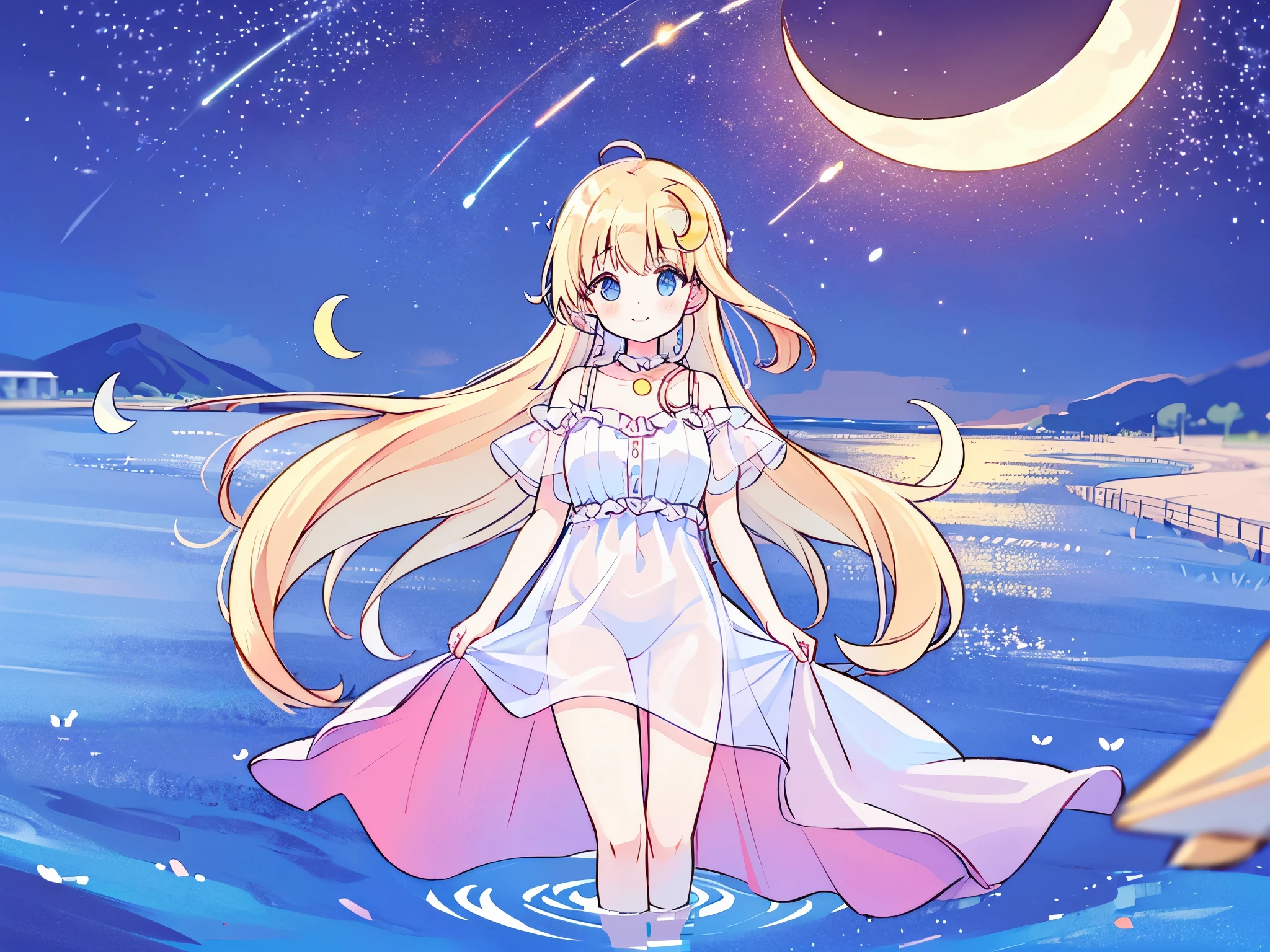 (masterpiece, best quality:1.2), (absurdres, highres, ultra-detailed), (perfect anatomy),
Beautiful woman、Night Pool、Riding on a cute float、Blonde、Fluffy longhair、Yellow-green eyes、Background glitter、night、Crescent Moon、heart、White frilly swimsuit
(8K, RAW photo:1.2),detailed face and eyes,intricate detail ,masterpiece ,sharp focus, high quality,BREAK,rating: general, newest