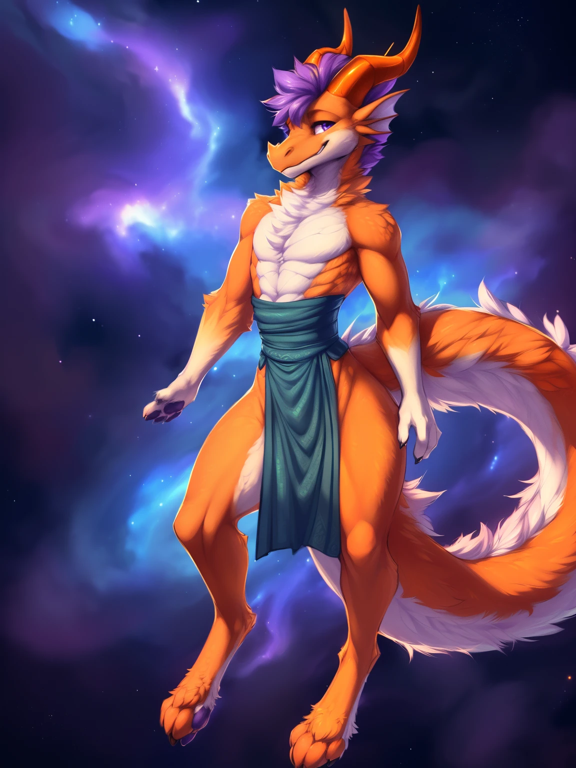 ((por Zackary, Dimwhitdog, braeburned), Solo, antro, masculino, (Dragon),(((Orange Fur))),(white chest), ((intricate decola fluffy fur texture)), Violet hair, short hair, Violet Eyes, detailed eyes, ((Violet Detailed eyes)) digigrade, (Orange dragon tail), elegante, cinematographic, Solo, (sombreado) Skinny, ripped body, 4k, high resolution, smiling, dragon horns, ((Orange Horns)), Fur, fluffy fur, fur on chest, ((girly body)), (((full body))), Floating in space, magical aura, sexy look, perfect body, paws pawpads, Ancient waist tunic, ((waist tunic)), visible bulge