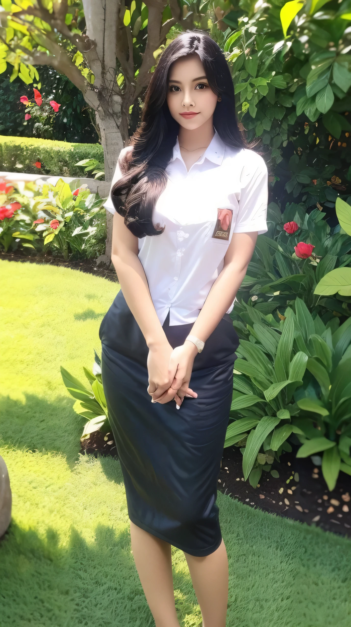 photography, beautiful Indonesian woman, wearing a , straight black hair wavy underneath, right hand holding red rose, garden background, blurred background, realistic, 8K, Focus