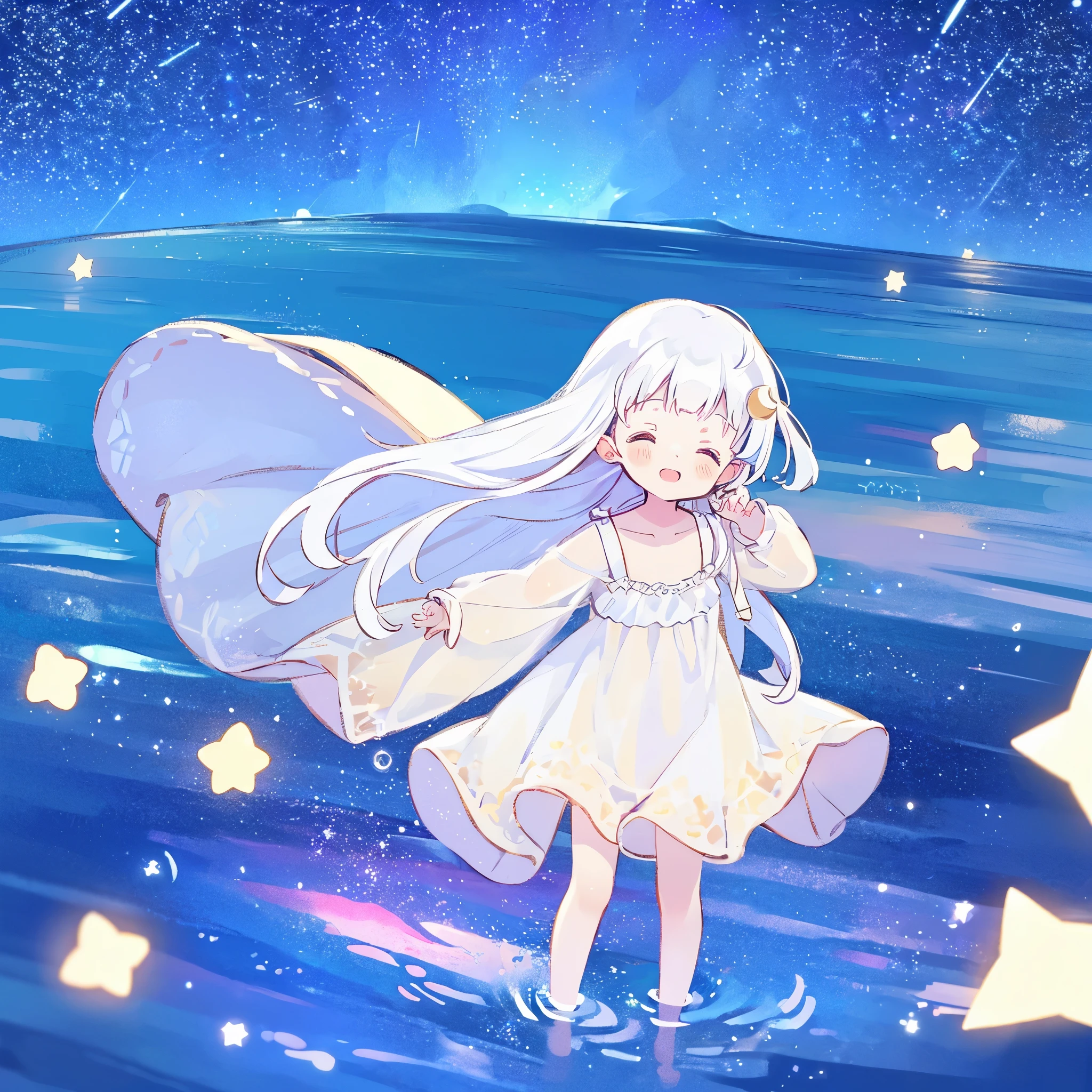 an ocean of stars, night sky, colorful, ethereal, charming girl in a white sheer babydoll dress, white hair, walking on the water, Her smile was filled with tenderness and joy, giant crescent white moon dipping into the water in the background, (((((((stars))))))