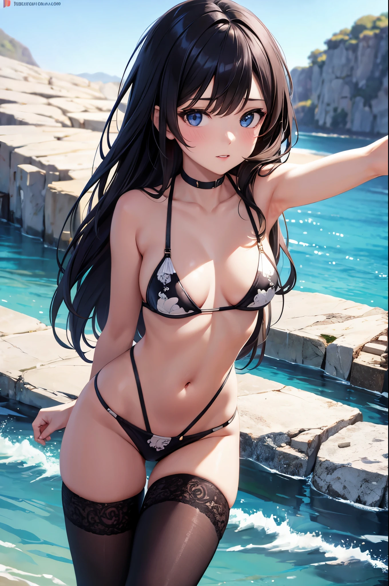 (masterpiece),4k, (ultra realistic), (best quality), (high detailed face),sexy, 1girl, a beautiful girl near the river, slim, (bikini), (flat chested), (black stocking), (front view), (ultra detailed body), (ultra detailed hair), (high detailed hands), anime, (protrait), (body painting)