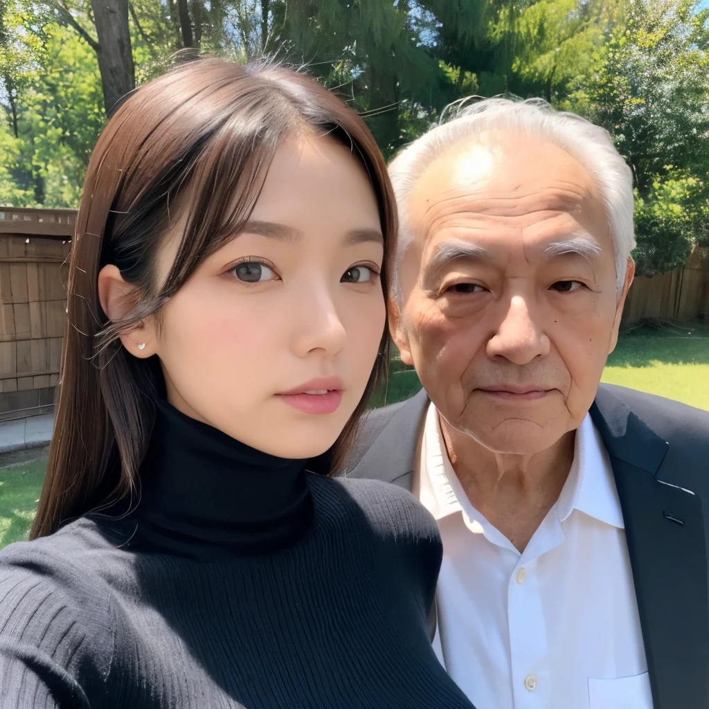 High resolution、High level image quality、high detail、masterpiece、realistic skin,、rough skin、(anatomically correct)、(A 70-year-old man and a 29-year-old woman are standing next to each other.)、((27 year old Japanese cute big breasted woman_wearing a black knit high neck、75 year old Japanese male grandfather))、((whole body_from head to foot))、one's home、Breast skin is not visible、The photo shows up to the waist