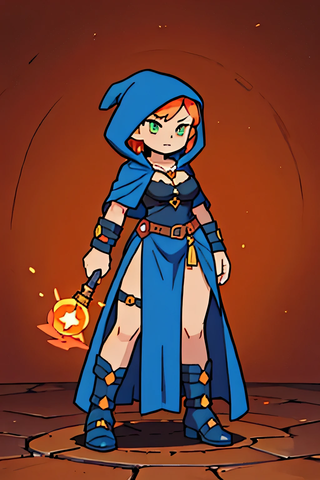 (((masterpiece))), (((best quality))), illustration, single character, game character, rpg character, female character, female necromancer, dark blue dress with golden details, leather bracers. huge cleavage, gemmed necklace. side butt. wide hips. up turned hips. Side hips exposed. wavy short hair. orange short hair, slightly pointy ears, yellowgreen eyes, evil face. attittude woman. open hooded black cloak. copper colored hair. aggressive posing. spell casting. dungeon background, flat color background, anime character, 8k, awesome quality