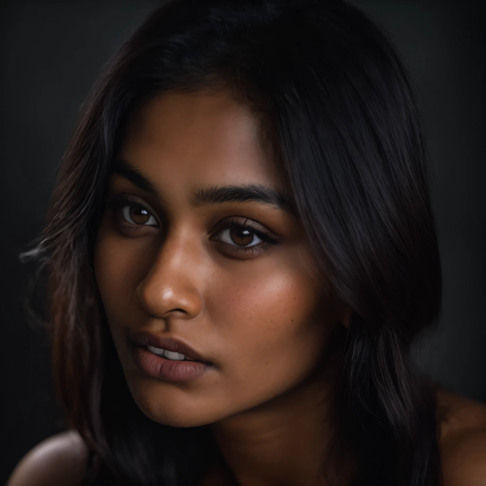 (((desi girl))), chubby face, natural skin, brown hair, 2mm black mole above the right upper lip, mugshot, white background,(highly detailed skin:1.1), detailed face, flat lighting, Modelshoot style