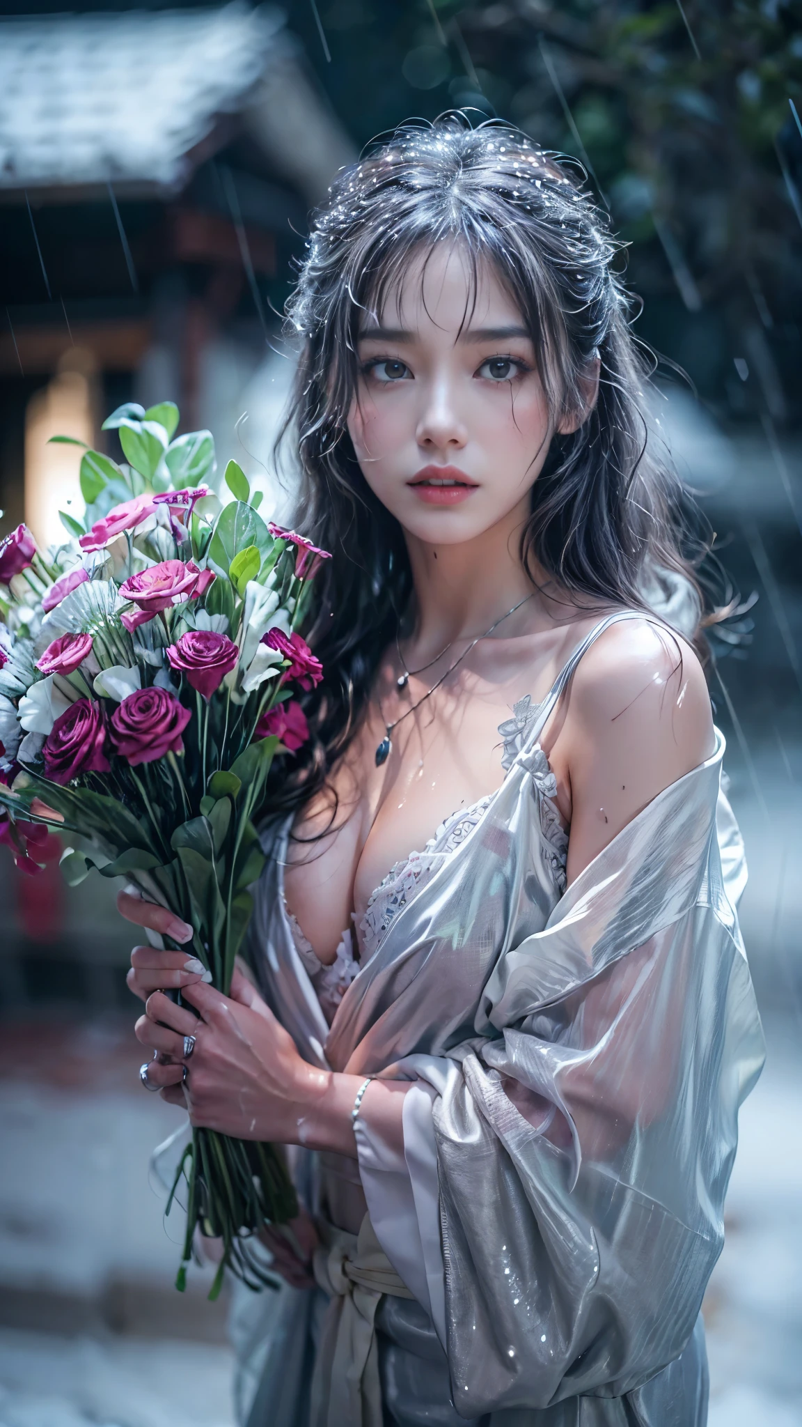 (RAW shooting, Photoreal:1.5, 8K, highest quality, masterpiece, ultra high resolution), (((heavy snow))), perfect dynamic composition:1.2, (In front of a shrine at night in a modern city, expression of sadness:1.1, Tears are flowing:1.1, cry with a broken heart:1.1), Highly detailed skin and facial textures:1.2, Slim office lady wet in the rain:1.3, cowboy shot, Fair skin:1.2, sexy beauty:1.1, perfect style:1.2, beautiful and aesthetic:1.1, very beautiful face:1.2, water droplets on the skin, (rain drips all over my body:1.2, wet body:1.2, wet hair:1.3), (Holding a wet bouquet:1.2, wet silver kimono:1.3), (Medium chest, bra is see-through, Chest gap), (Eyes that feel beautiful eros:0.8), (Too erotic:0.9, Bewitching:0.9), necklace, earrings, bracelet