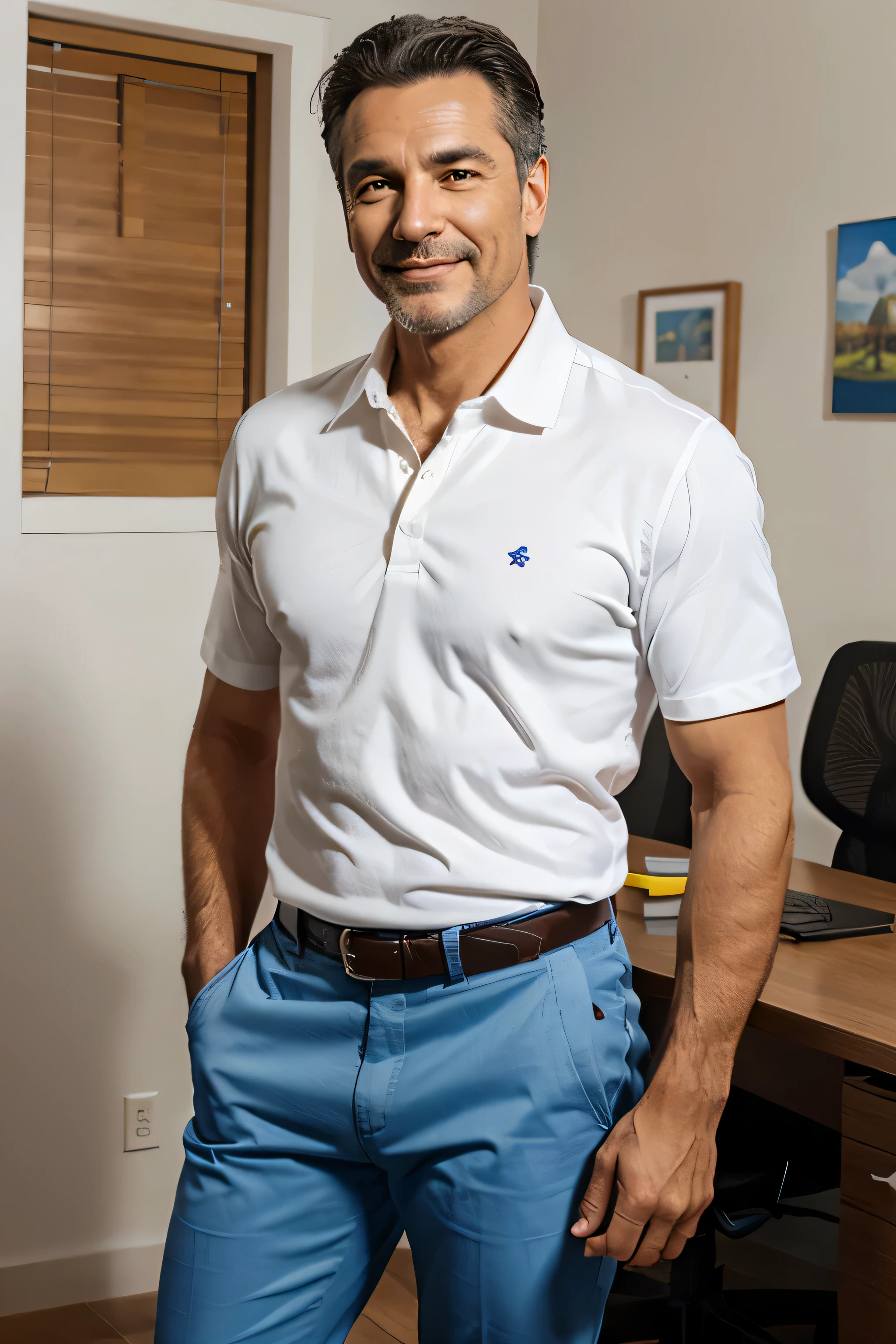 very handsome 50 year old man, sonrisa agradable, cuerpo delgado, He wears a white shirt and blue pants and brown casual shoes.. Su cuerpo es delineado y perfecto y equilibrado, His brown eyes are very expressive and happy.. He is standing in his comfortable office. retrato hiperrealista, realistic photography, obra maestra.