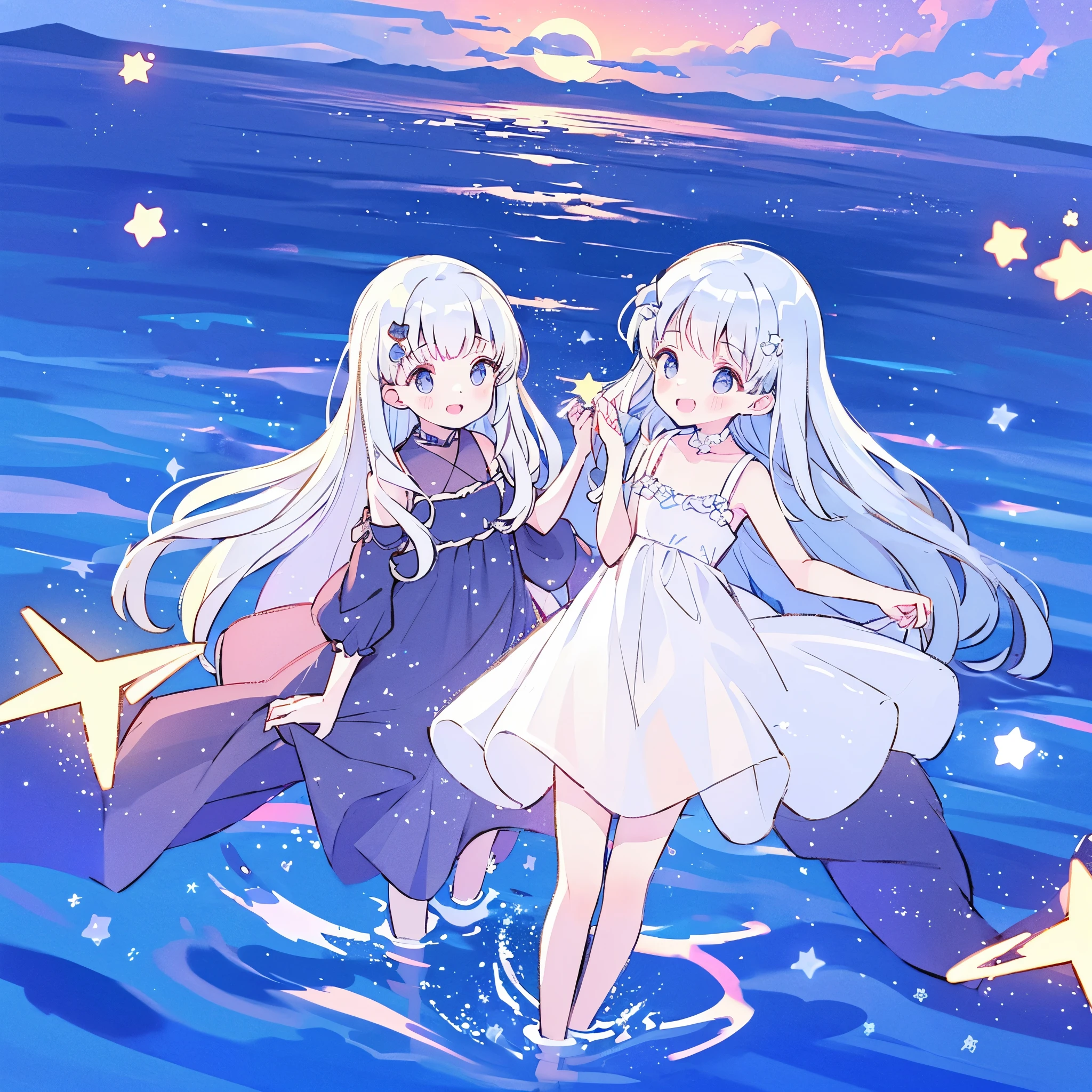 an ocean of stars, night sky, colorful, ethereal, charming girl in a white sheer doll dress, white hair, walking on the water, Her smile was filled with tenderness and joy, giant crescent white moon dipping into the water in the background, (((((((stars))))))