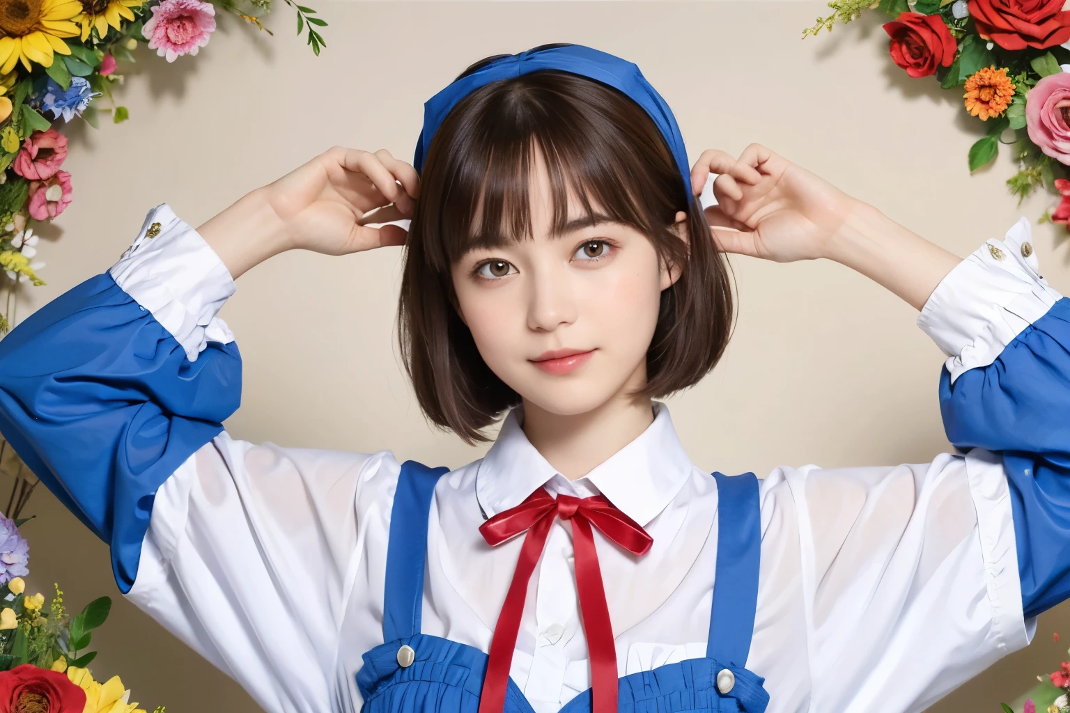 1 (alice in wonderland), (He wears a large triangular ribbon on his head.....), short hair, young woman, gentle smile, colorful clothes