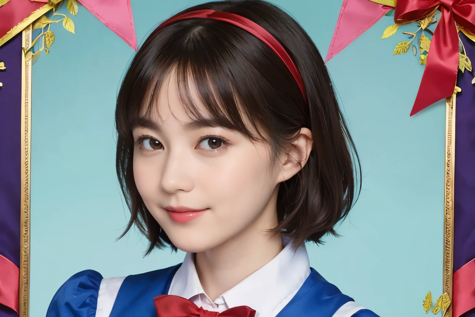 1 (alice in wonderland), (He wears a large triangular ribbon on his head.....), short hair, young woman, gentle smile, colorful clothes