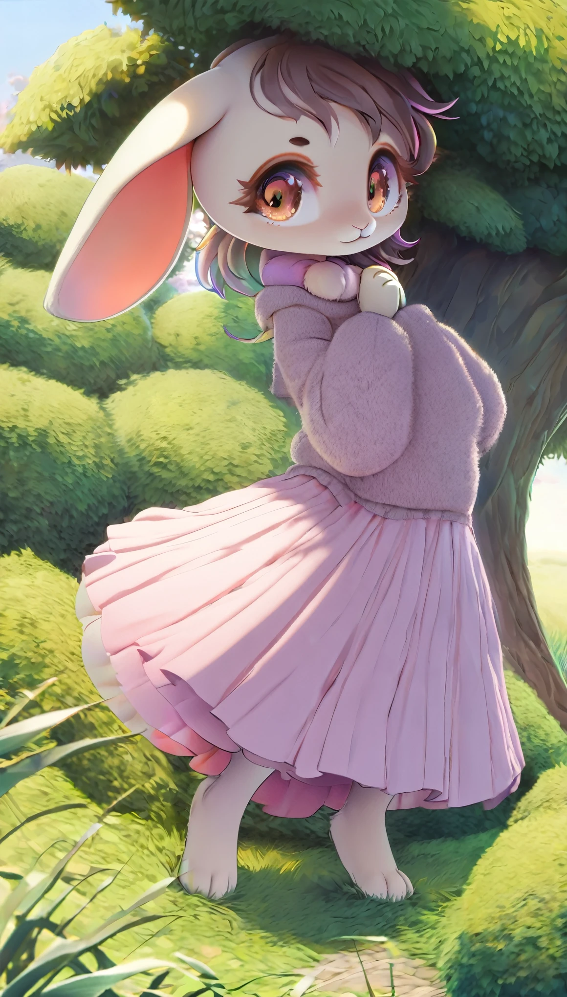 funny furry images, super deformed character, best quality, super fine, 16k, incredibly absurdres, extremely detailed, cute anthropomorphized rabbit beast-woman, wearing loose and fluffy dress, loose and fluffy sweater, loose and fluffy long skirt, dull ivory and khaki color, hiding in the bushes of the grassland, peeking out, BREAK , background variety of visual styles that combine various artistic elements like a sparkling iridescent pastel and vivid colors