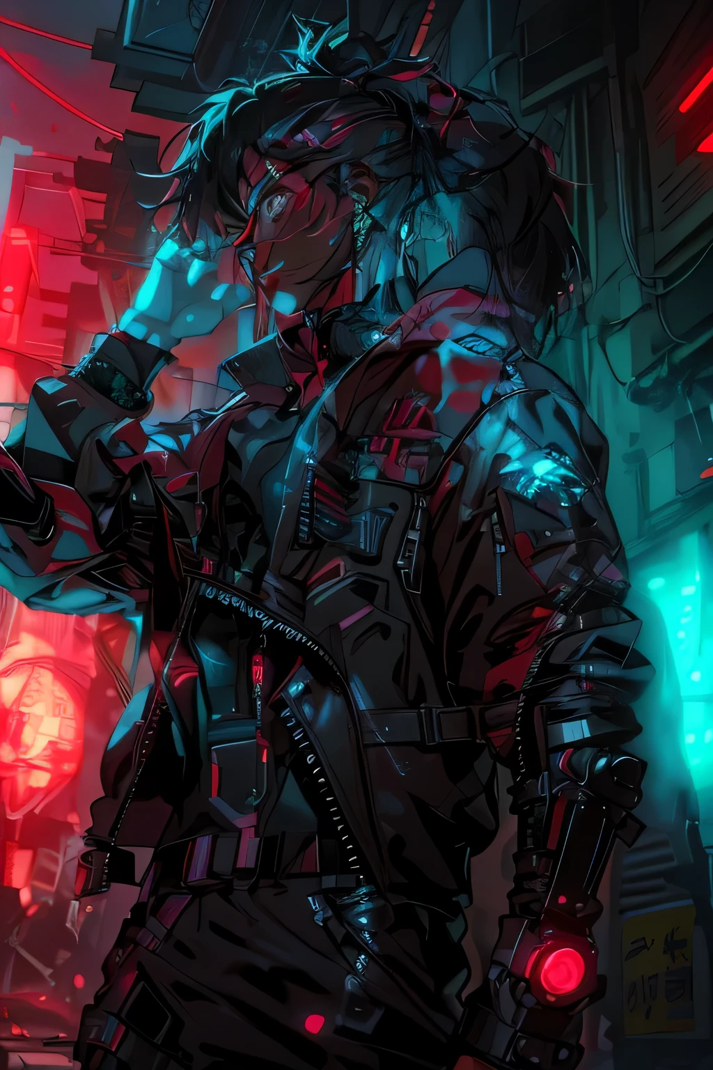 anime characters，Wearing futuristic clothing，red light on mobile phone, digital cyberpunk anime art, cyberpunk anime art, Anime Cyberpunk Art, Digital Cyberpunk - Animation Art, Modern cyberpunk anime, Cyberpunk style, cyberpunk guy, cyberpunk art style, Cyberpunk streetwear, cyberpunk street thugs, Cyberpunk style, Dark cyberpunk illustration, cyberpunk hero, Cyberpunk atmosphere, Cyberpunk themed art, cyberpunk clothing