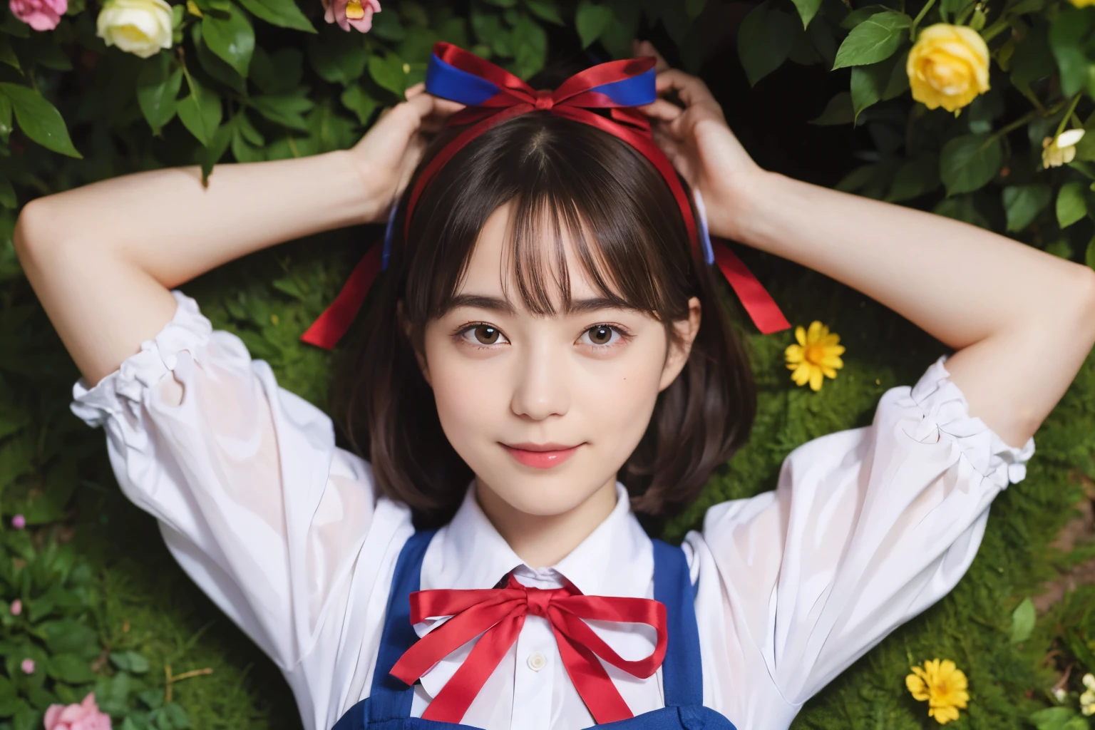1 (alice in wonderland), (He wears a large triangular ribbon on his head.....), short hair, young woman, gentle smile, colorful clothes
