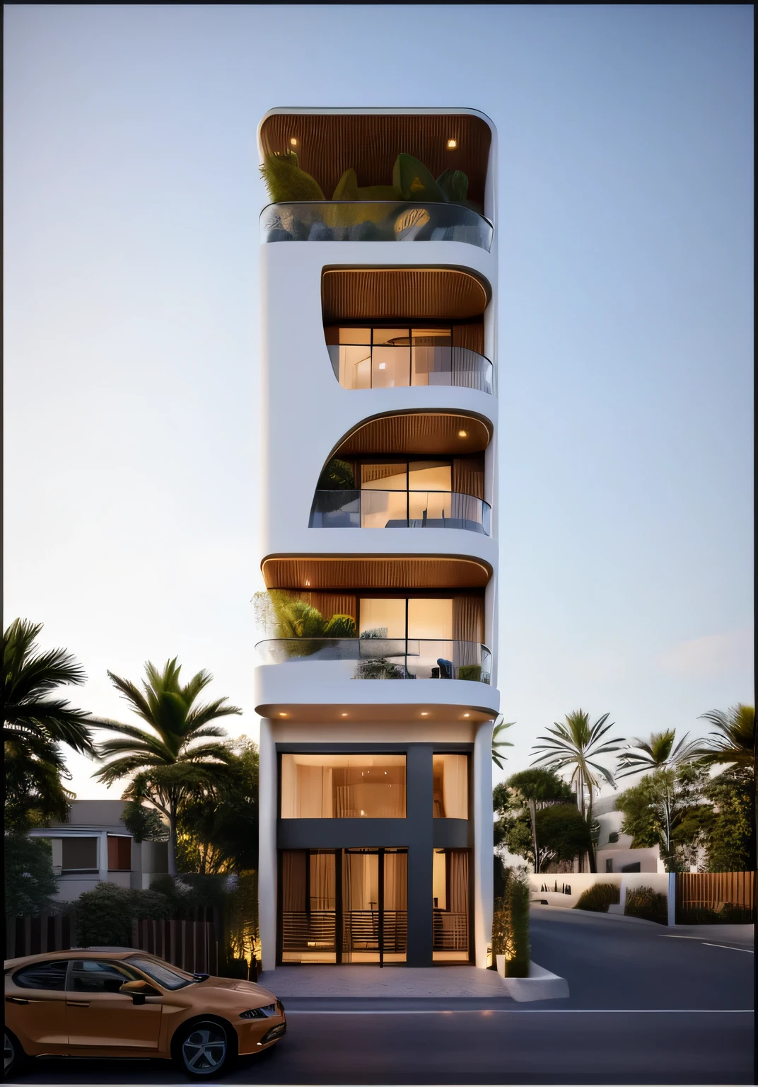 a rendering of a modern house with a circular balcony and a balcony, concept house, architectural visualisation, award-winning render, realistic architecture, rounded architecture, architectural render, high quality rendering, precise architectural rendering, highly rendered!!, very realistic 3 d render, stunning render, architectural visualization, realistic concept, a photorealistic rendering, exterior design, professional render, ultra modern