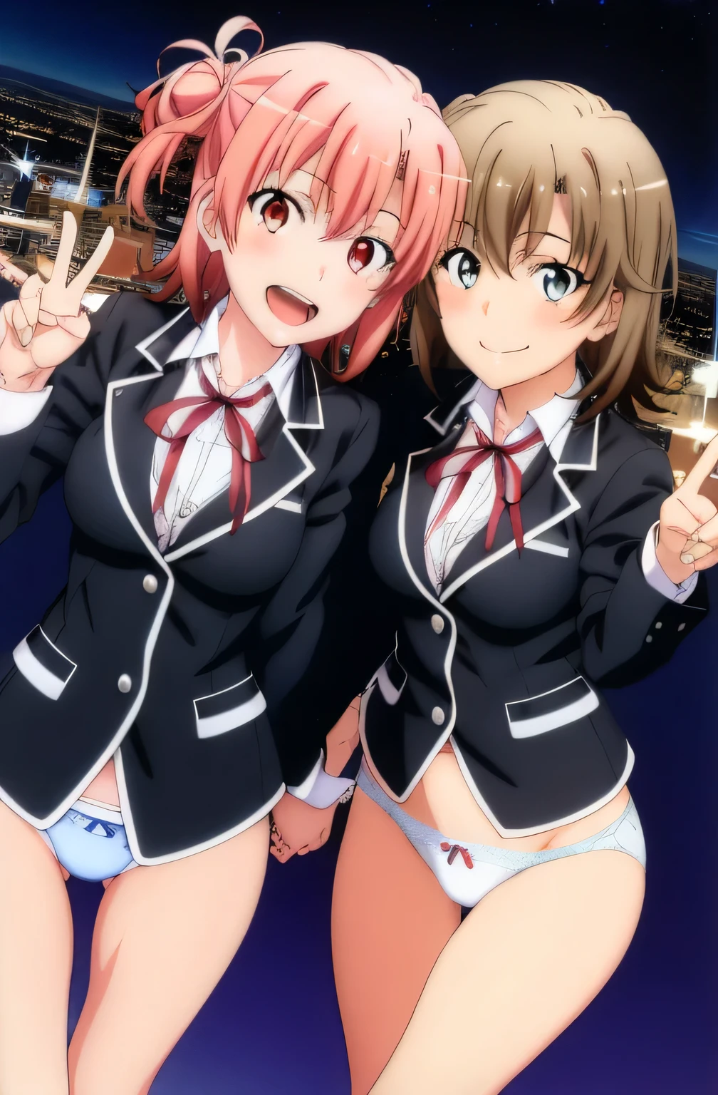 2 girls ,yuigahama yui'great bust and hips, waltz dance ,uniform,black blazer,white shirt,ribbon,white lace panties,(pussy line:1.0),thighs,(high angle:1.0),look at the camera,smile,downtown at night