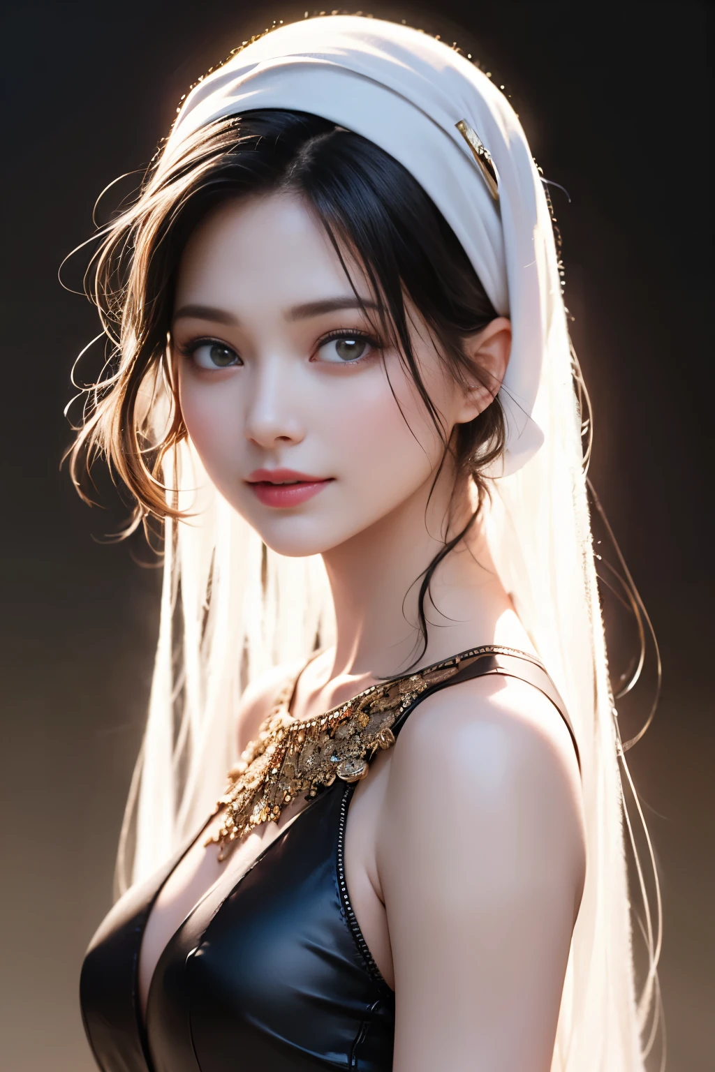 NSFW,highest quality, best image quality, RAW photo, realistic, Photoreal, very detailed and beautiful, best details, 1 young girl, good looking, Beautiful fair skin and luster, beautiful eyes are big and bright, small mouth and thin lips, hijab, Good style and slender beautiful big breasts:1.3), She has a bright personality and a cute smile......, natural makeup, See-through costume with cute details and wide chest in pearl pink kuripantasea:1.5), cute, A beautiful girl illuminated by seven colored lights, rainbow colors,