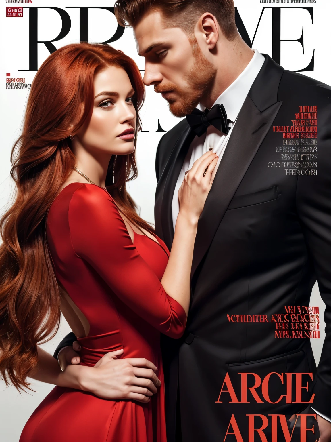 Magazine cover with a couple, (beautiful and powerful woman, redhead and straight hair, parted on the side, elegant red dress.) (tall, muscular, strong man, black suit