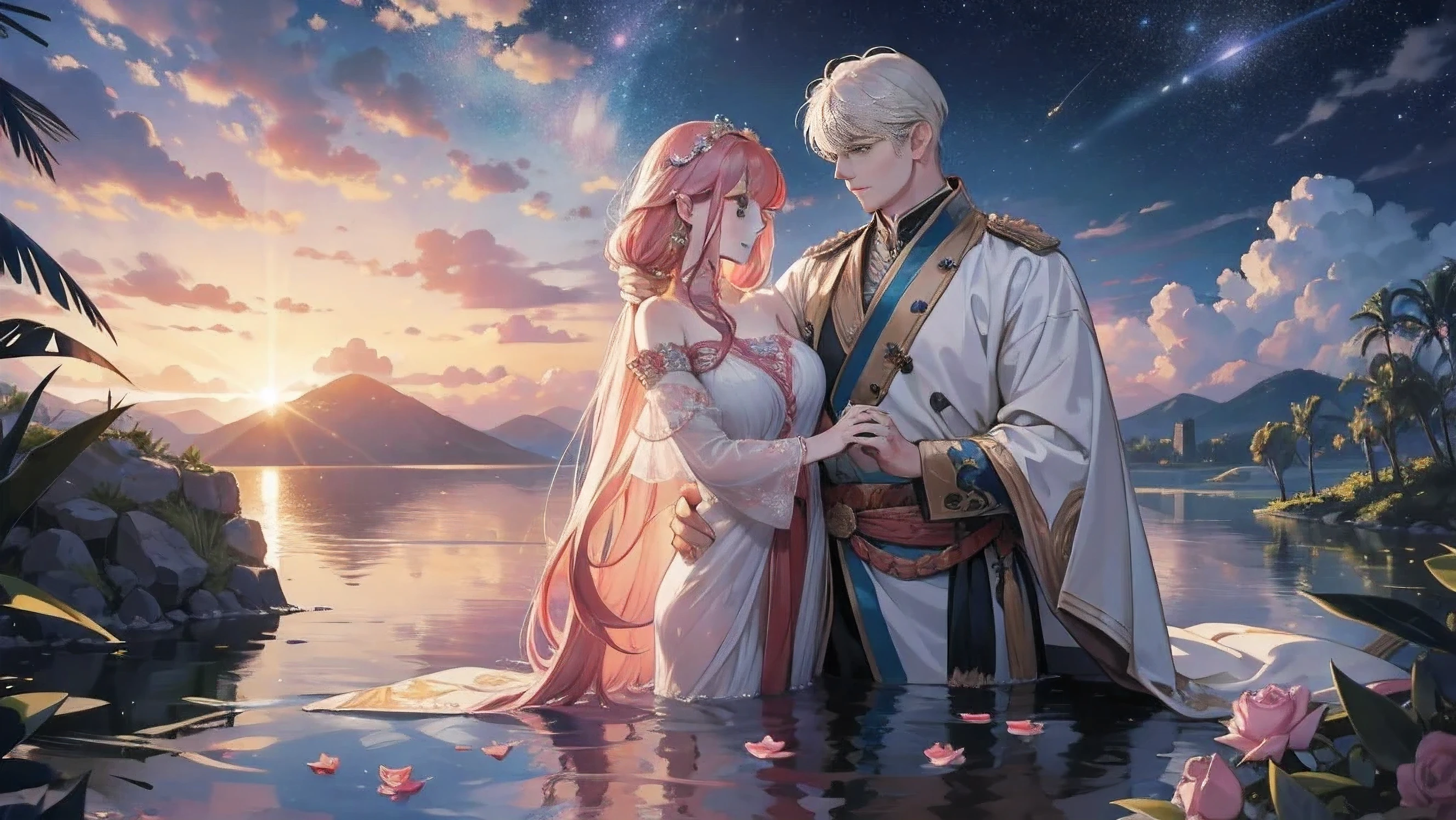 "Yab-Yum": A colossal Roman emperor named Constantine I, with an imposing presence, is embraced by a  girl from the Land of the Rising Sun. They are a captivating couple, brimming with love that transcends the boundaries of faith and religion. Their love is a microcosm of the universe, a galaxy, a clear sky before dawn, and a tranquil pond.

Their romantic tale unfolds against the backdrop of a marble floor adorned with colorful ores, such as diamonds, morganite, kunzite, rose quartz, Incas rose, rhodochrosite, and decorated with rhodon