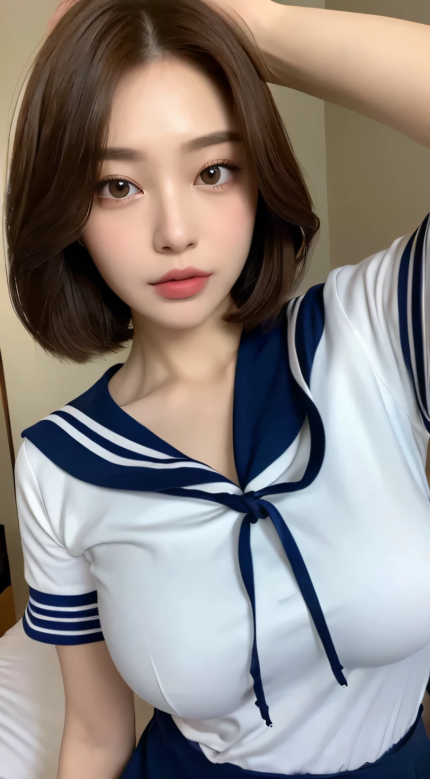 half-sleeved,　(masterpiece, highest quality:1.2), 8K, official art, RAW photo, incredibly absurd, (whole body, sailor suit:1.4), beautiful 3girls, 18-year-old、cute face, arch back, (navy pleated skirt:1.1), ,, , short sleeve, gardenia, violaces, 、、looking at the viewer, film grain, chromatic aberration, sharp focus, face light, dynamic lighting, cinematic lighting, detailed eyes and face, background bokeh, 、、3 girls、blush、look at the viewer、(huge breasts:1.2)、wet hair、shiny hair、wet face、wet skin、wet body、wet costume、、、Depth of bounds written、pointed red mouth、red mouth,clavicle、beautiful fingers、、cute wet face、Wet clothes that stick to your chest、Wet and see-through clothes、short hairstyle、, the abdomen is visible,cleavage is visible, anatomically accurate body,