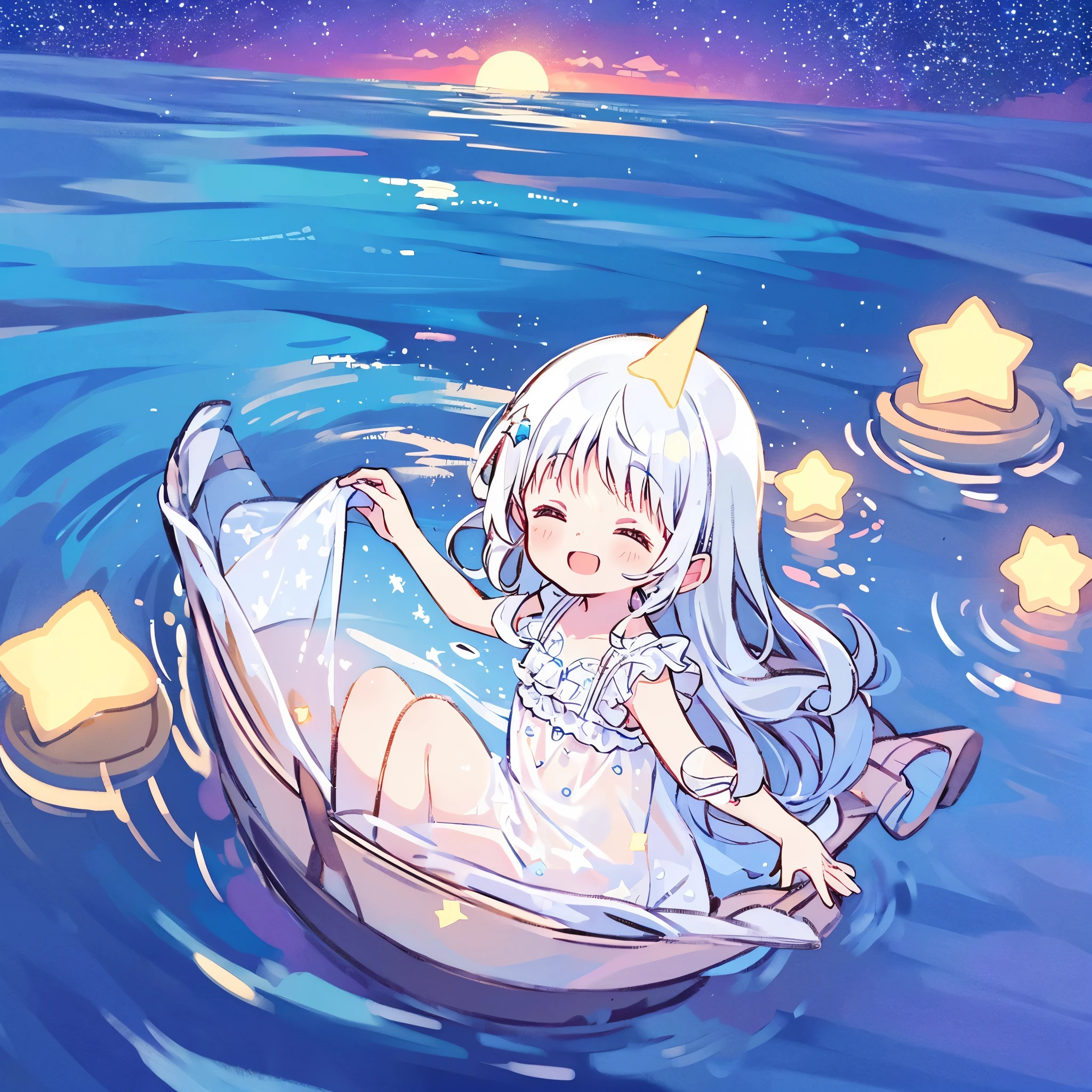 an ocean of stars, night sky, colorful, ethereal, charming girl in a white sheer babydoll dress, white hair, walking on the water, Her smile was filled with tenderness and joy, giant crescent white moon dipping into the water in the background, (((((((stars))))))